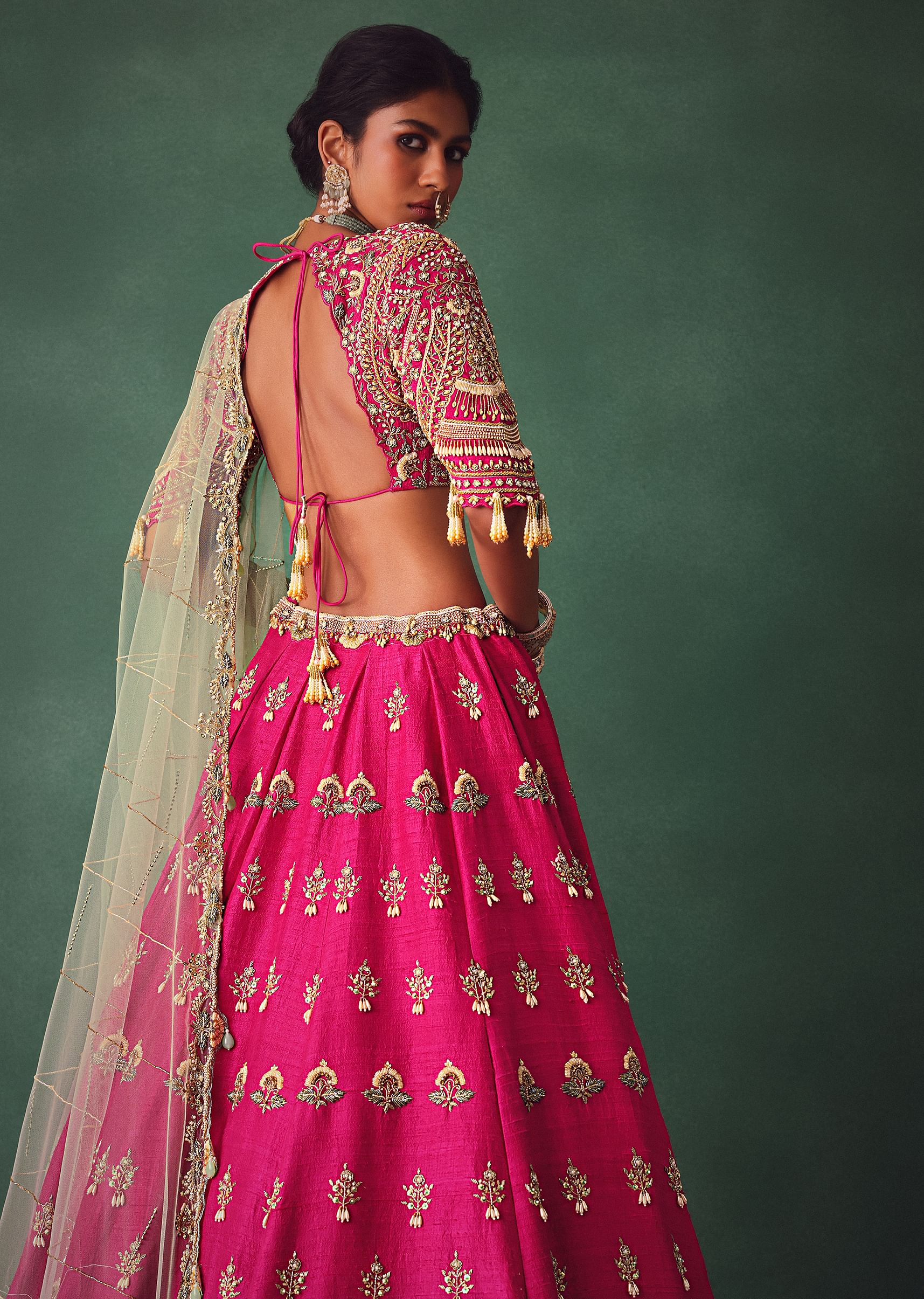 Deep Pink Bridal Butti Work Lehenga With Tassels on Blouse And Dupatta - Image 4