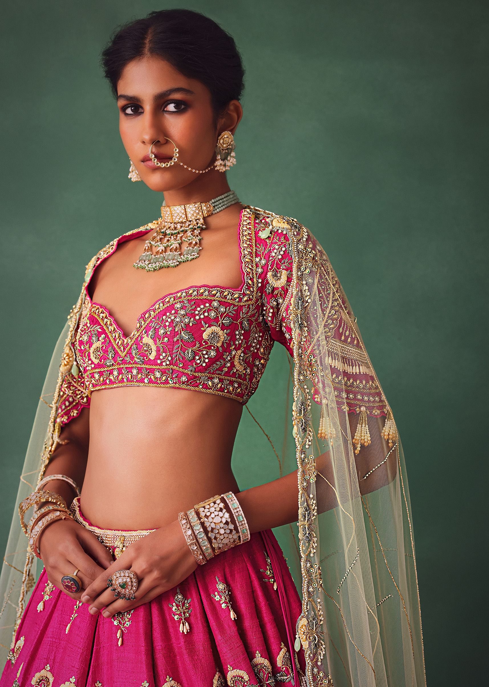Deep Pink Bridal Butti Work Lehenga With Tassels on Blouse And Dupatta - Image 5