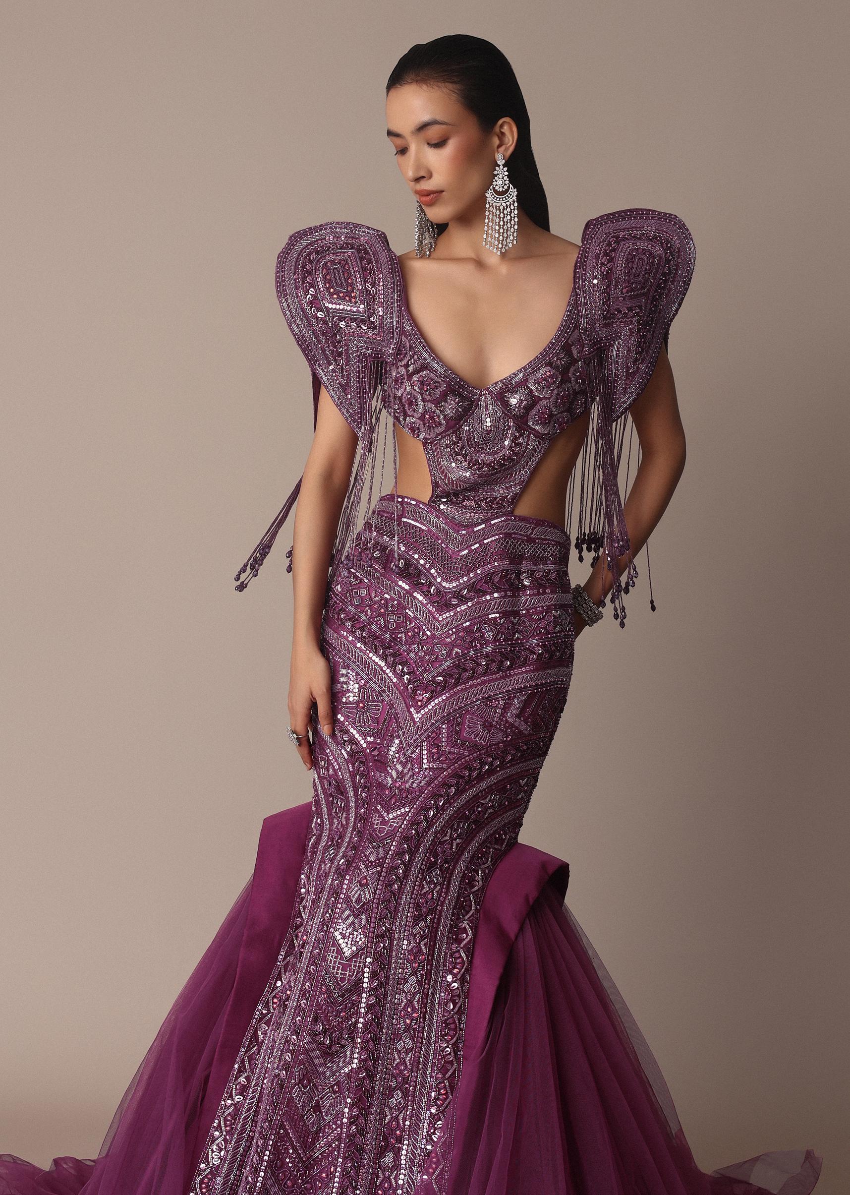 Deep Purple Organza Fishcut Gown With 3D Tassel Sleeves - Image 5