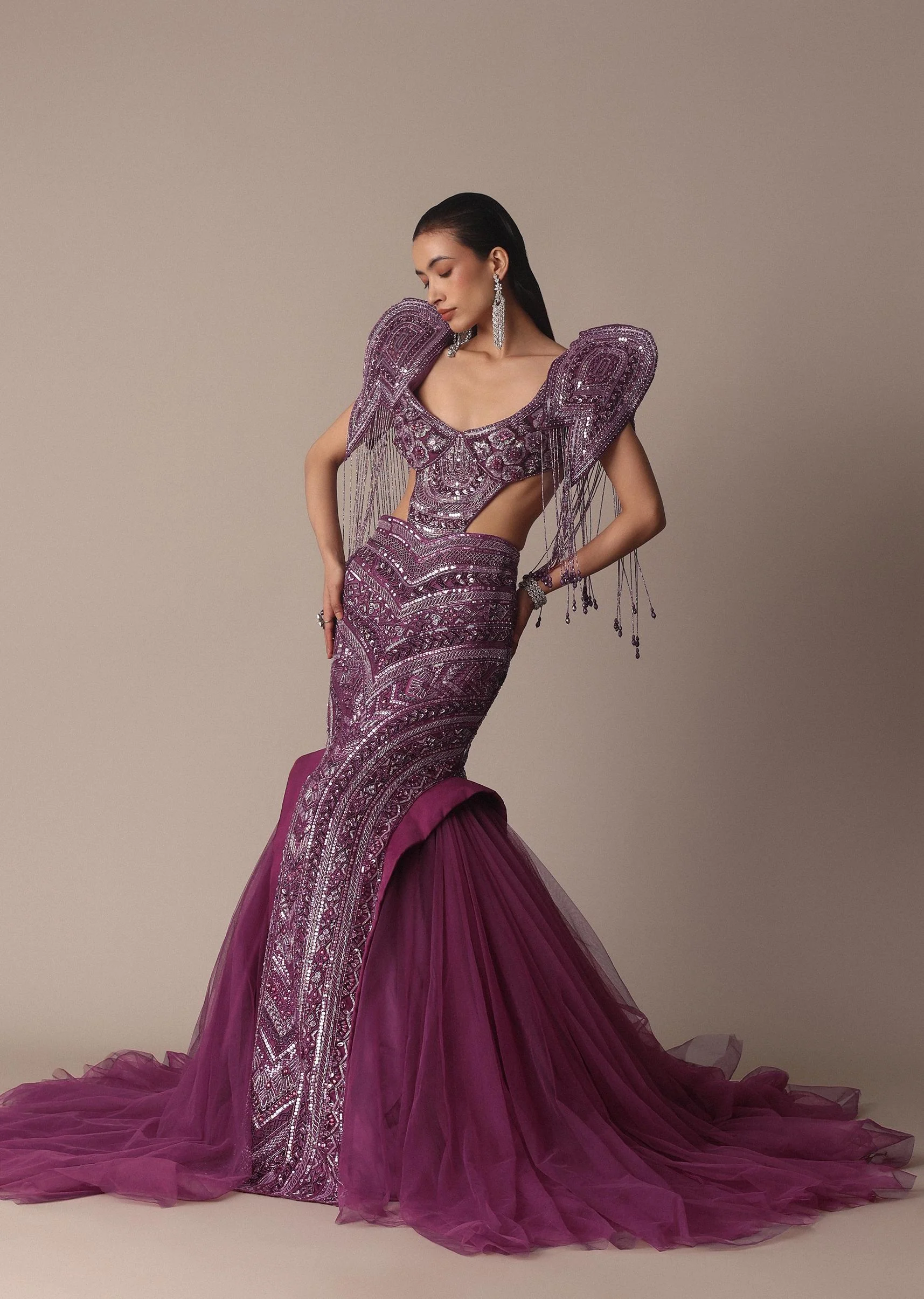 Deep Purple Organza Fishcut Gown With 3D Tassel Sleeves - Image 7