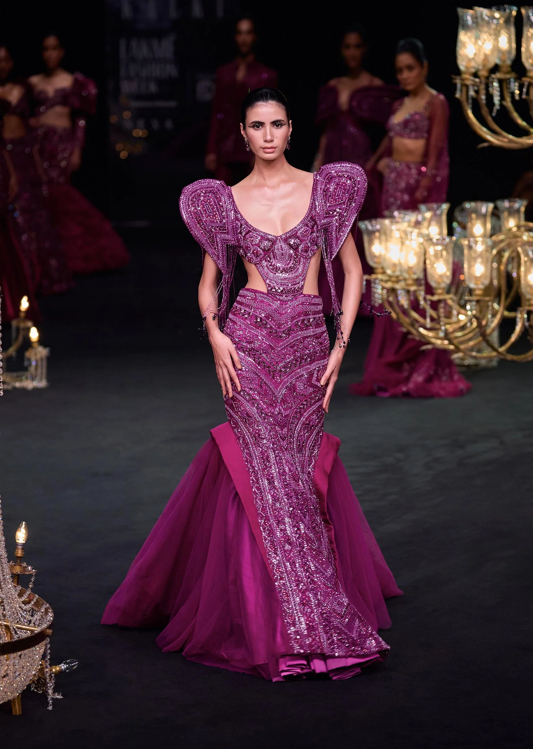 Deep Purple Organza Fishcut Gown With 3D Tassel Sleeves - Image 8