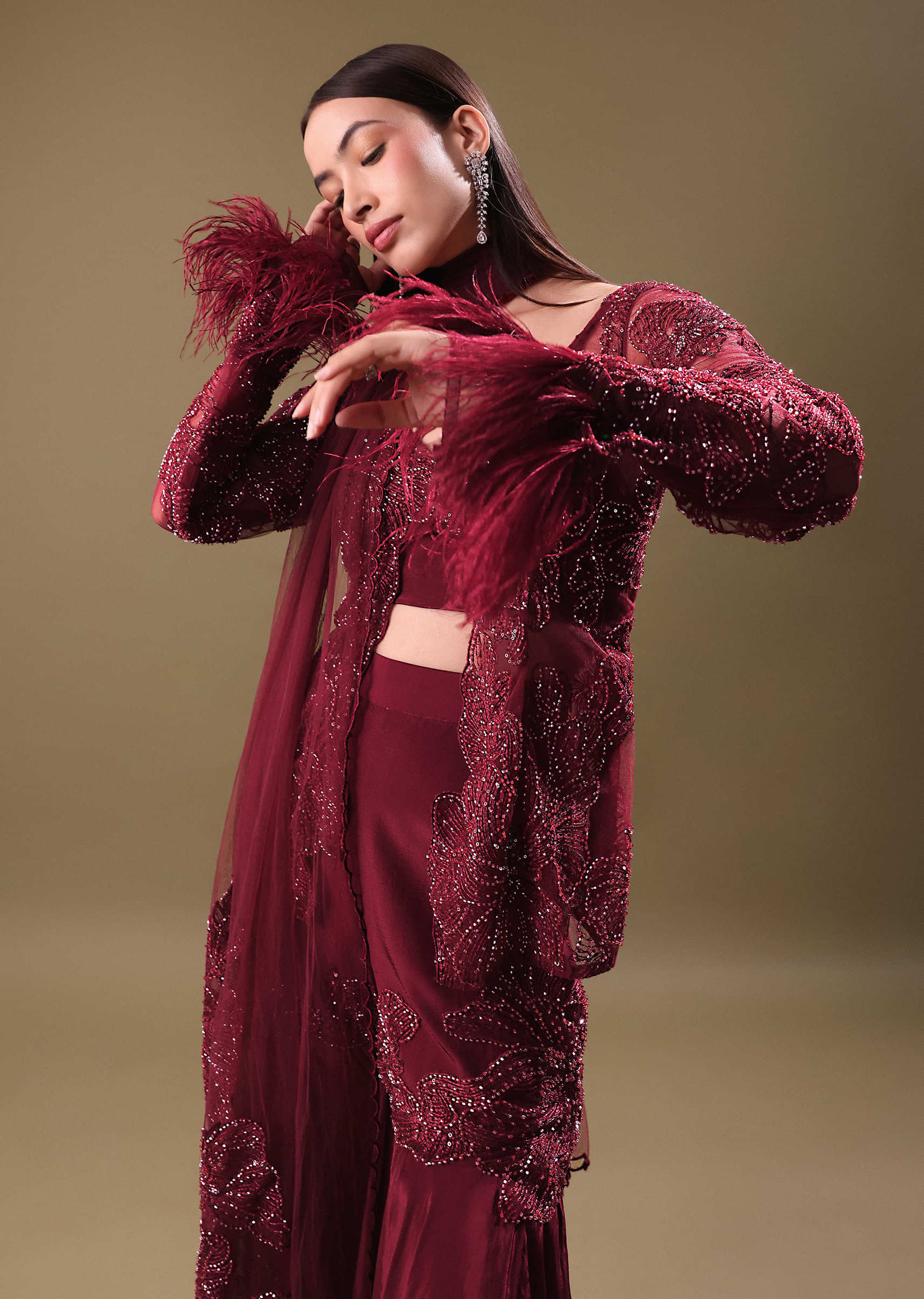 Deep Red Crepe Sharara And Blouse Set - Image 2