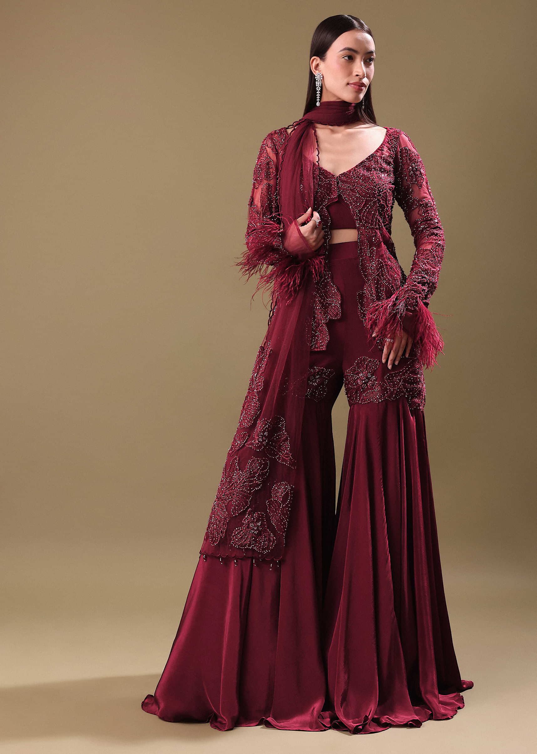 Deep Red Crepe Sharara And Blouse Set - Image 3
