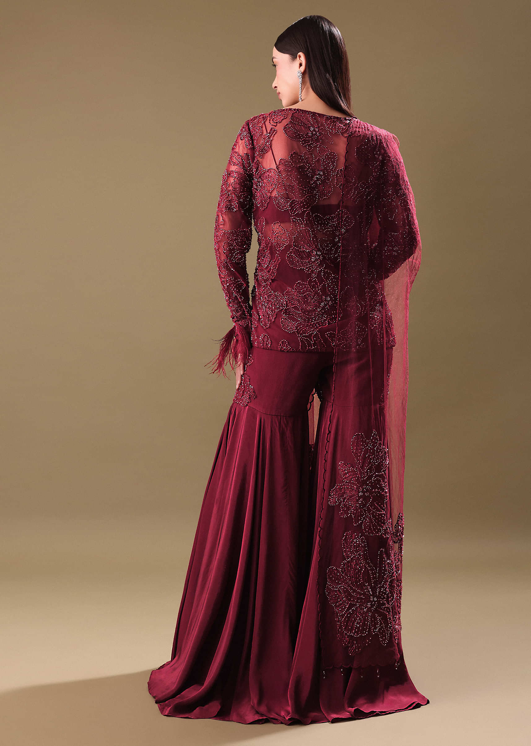 Deep Red Crepe Sharara And Blouse Set - Image 5