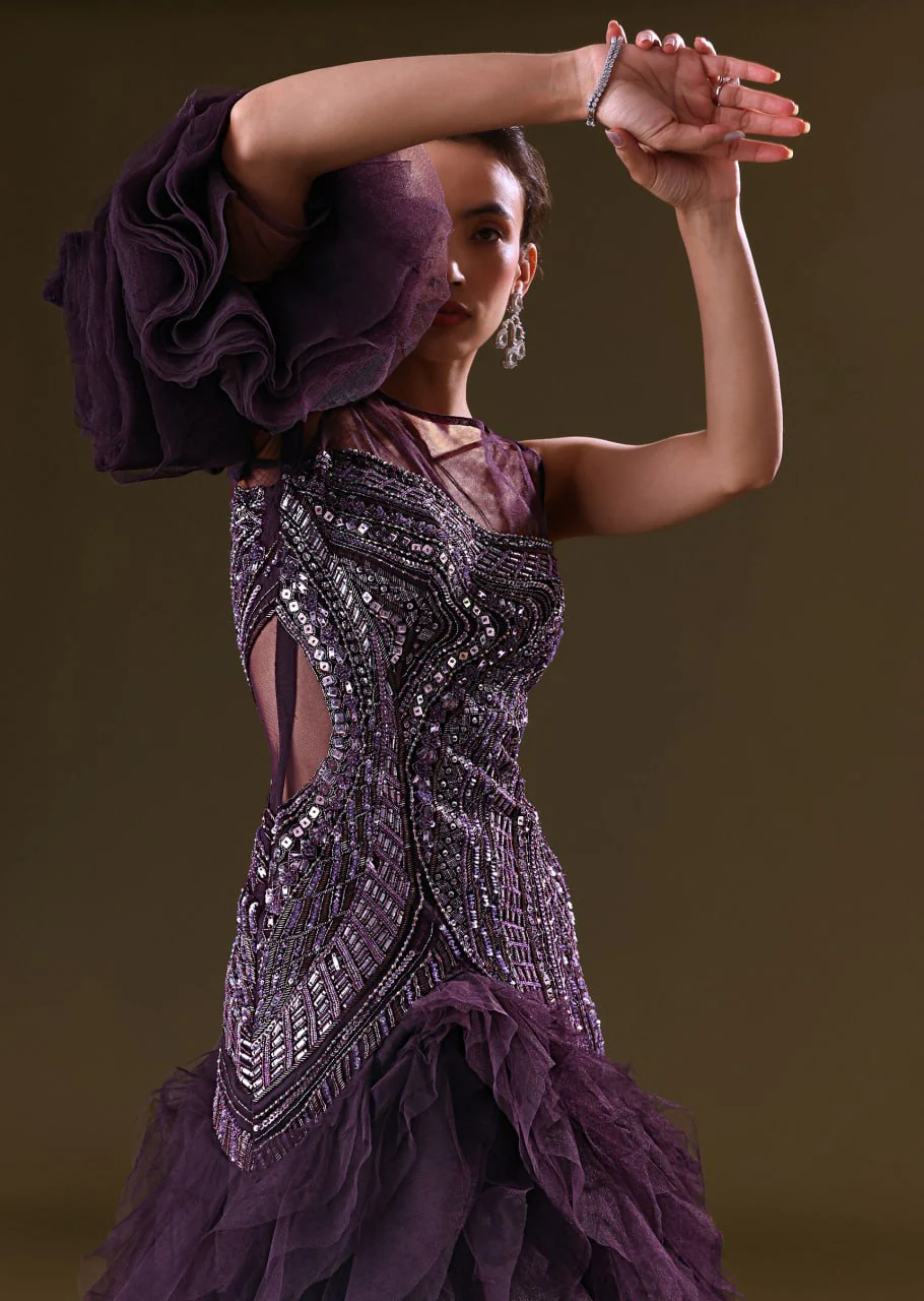 Deep Violet Mermaid Fit Asymmetric Gown With Ruffle Detailing - Image 4