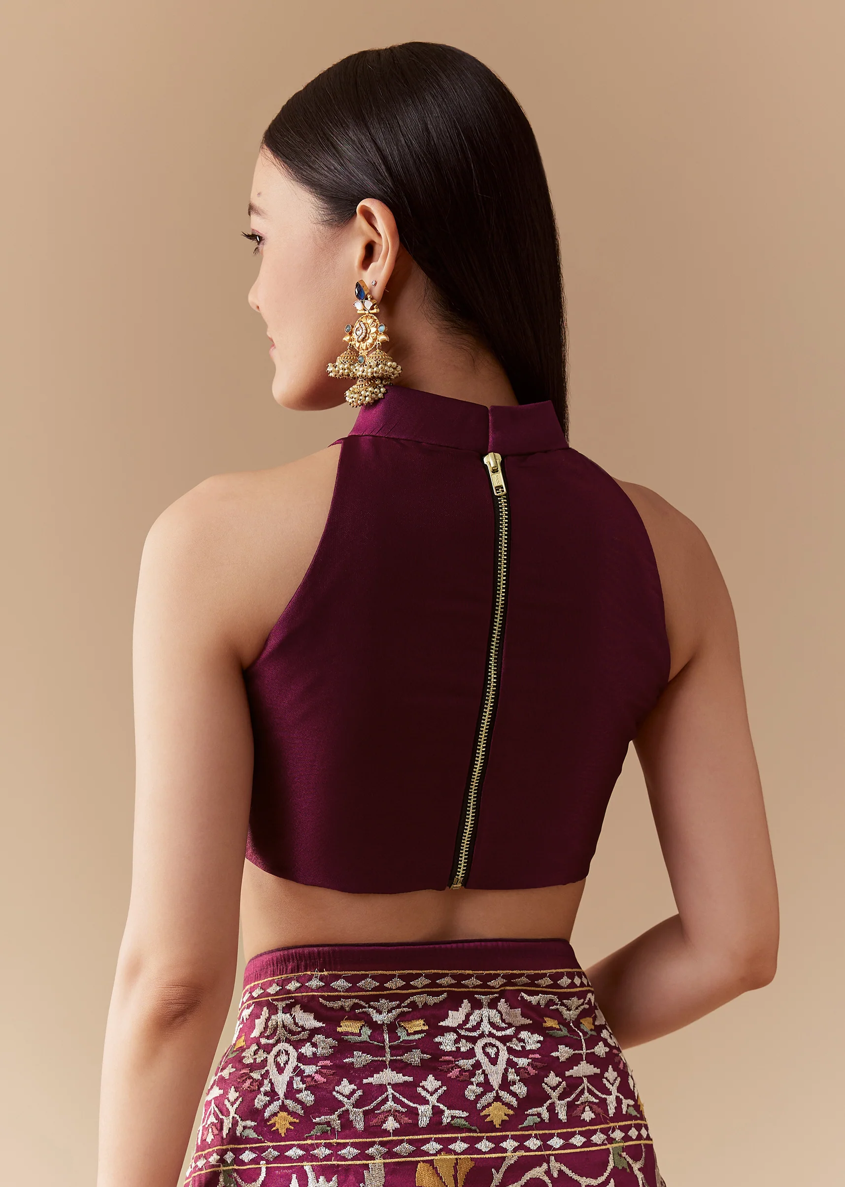 Deep Wine Reception Couple Set – Wine Tissue Organza Saree For Her And Wine Cotton Silk Kurta Jacket Set For Him - Image 8