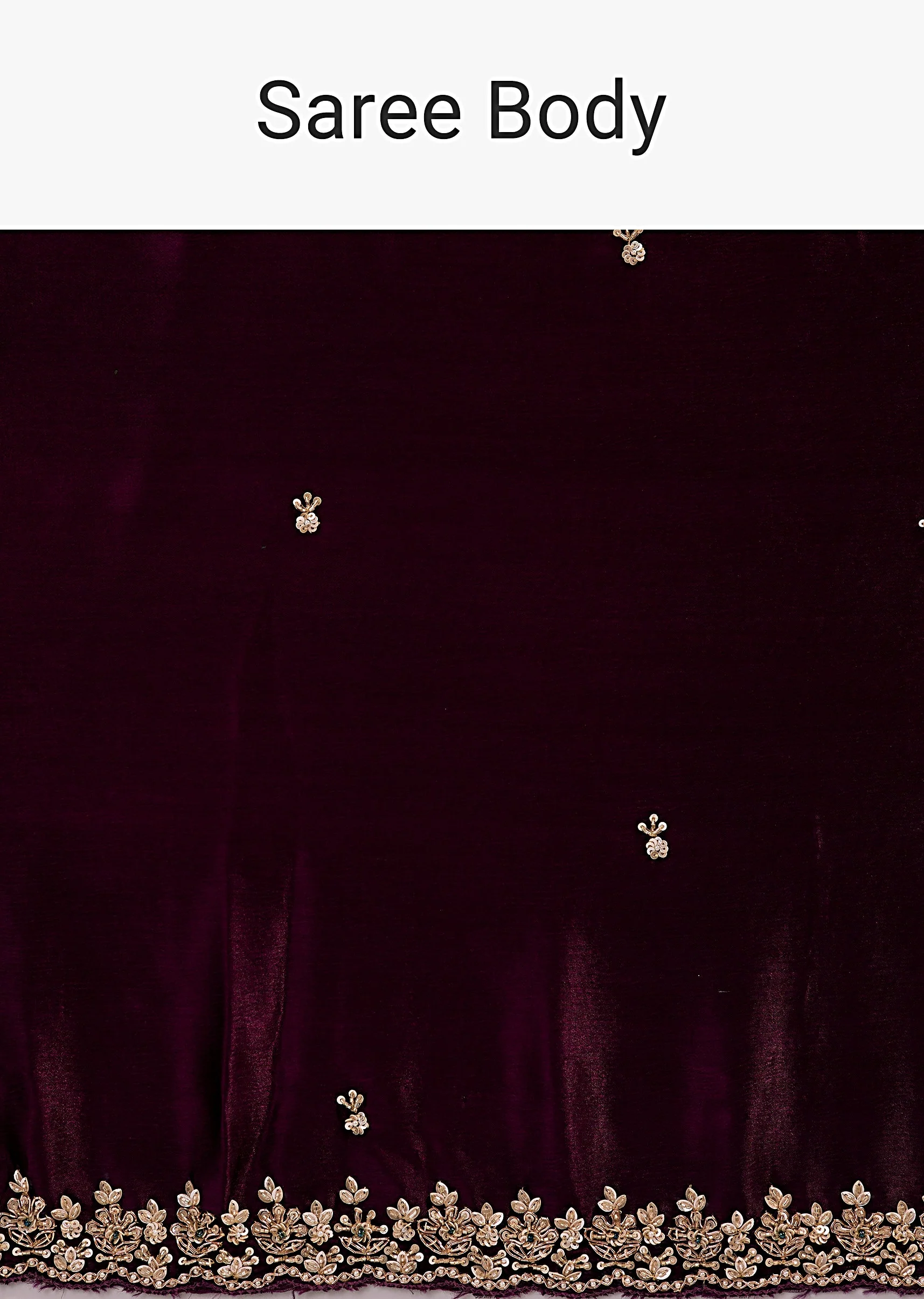 Deep Wine Satin Chinon Saree With Hand Embroidered Border And Buttis - Image 9