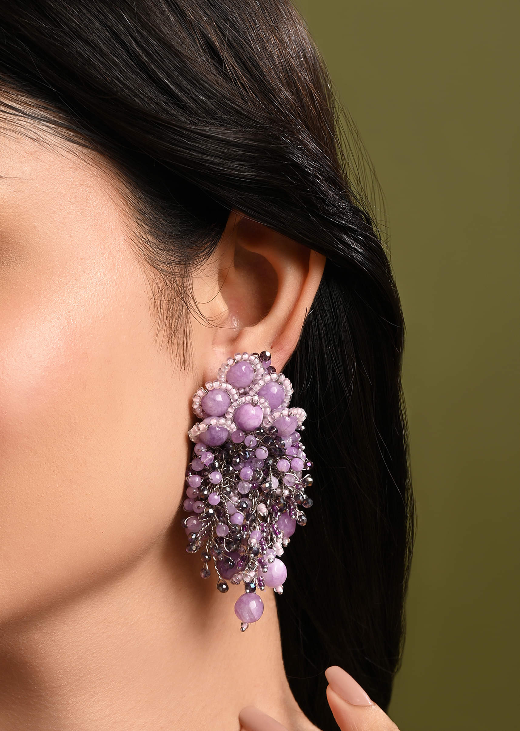 Designer Long Earrings With Purple Lilac Stones