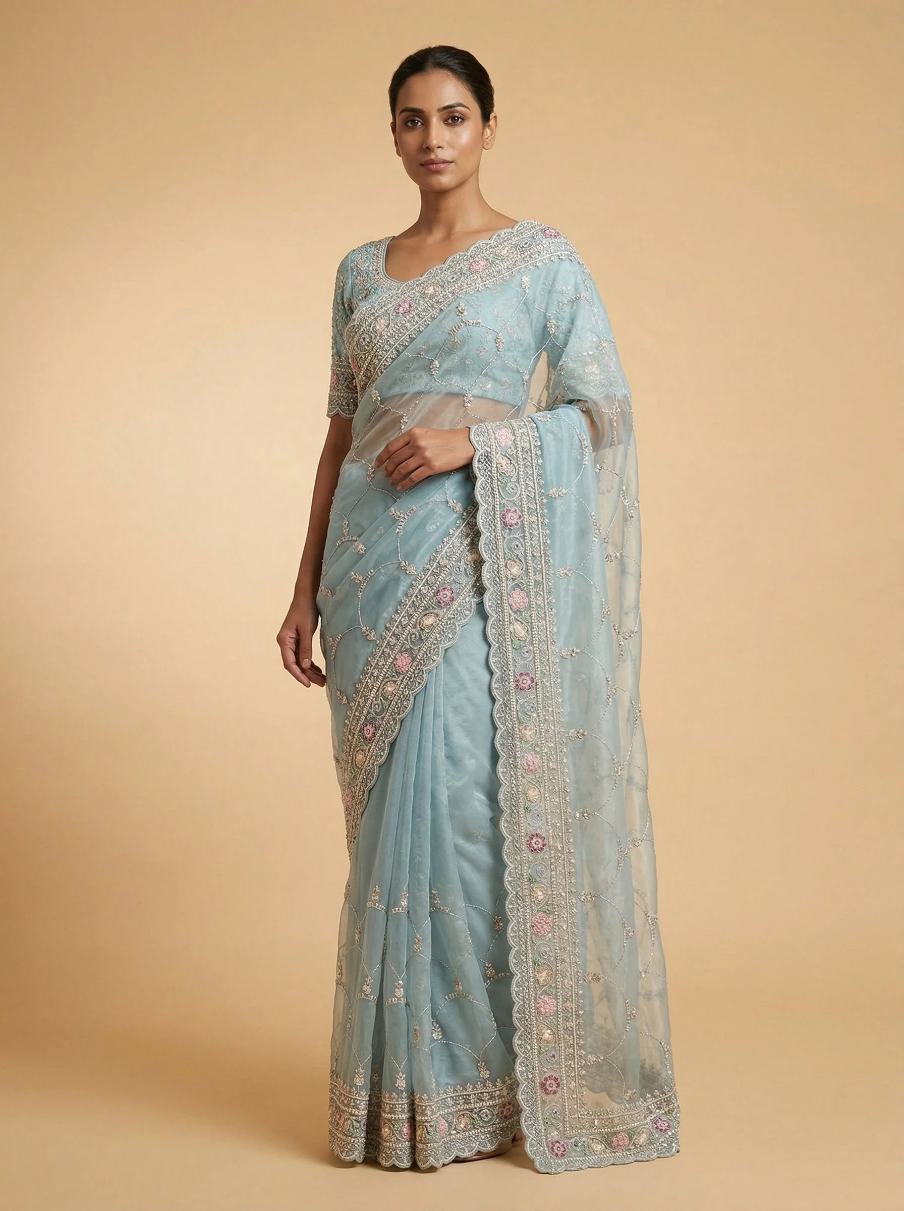 Dusk Blue Embroidered Saree