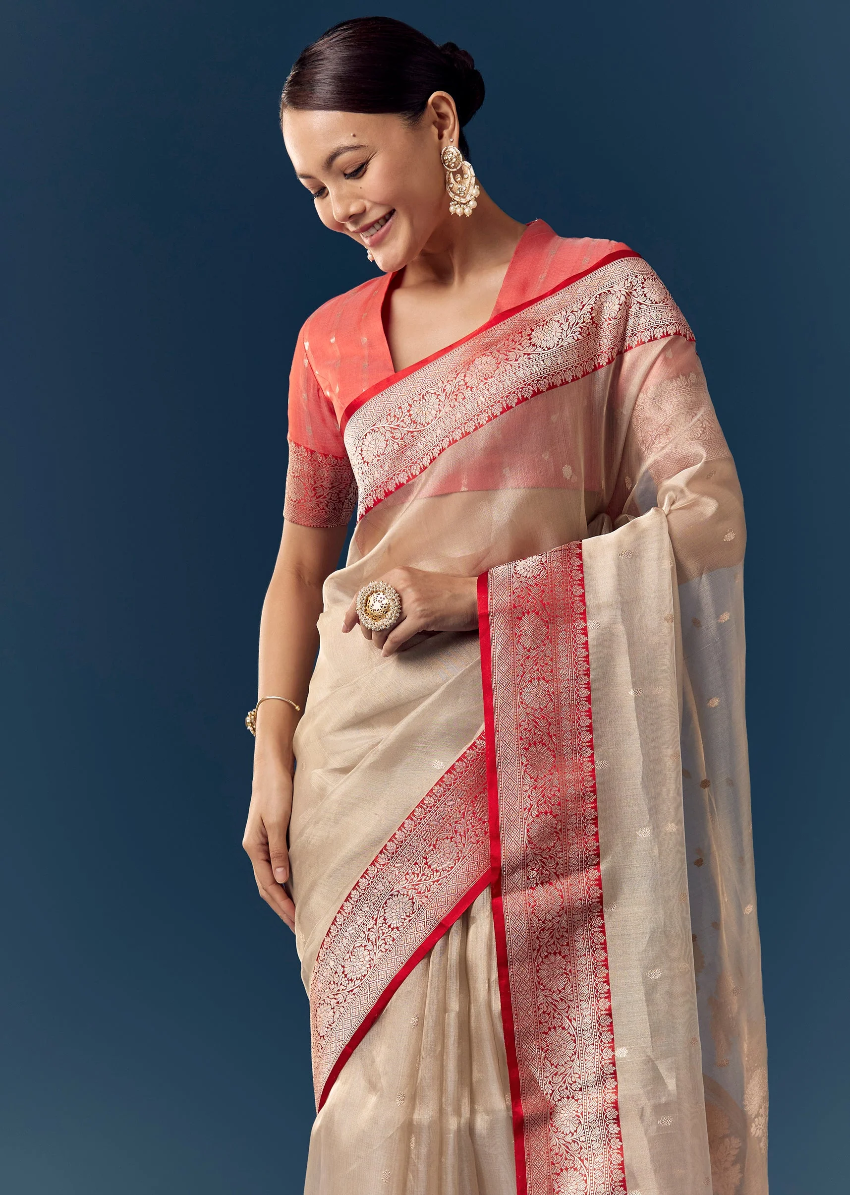 Dusky Beige Tissue Saree with Contrast Red Woven Border - Image 5