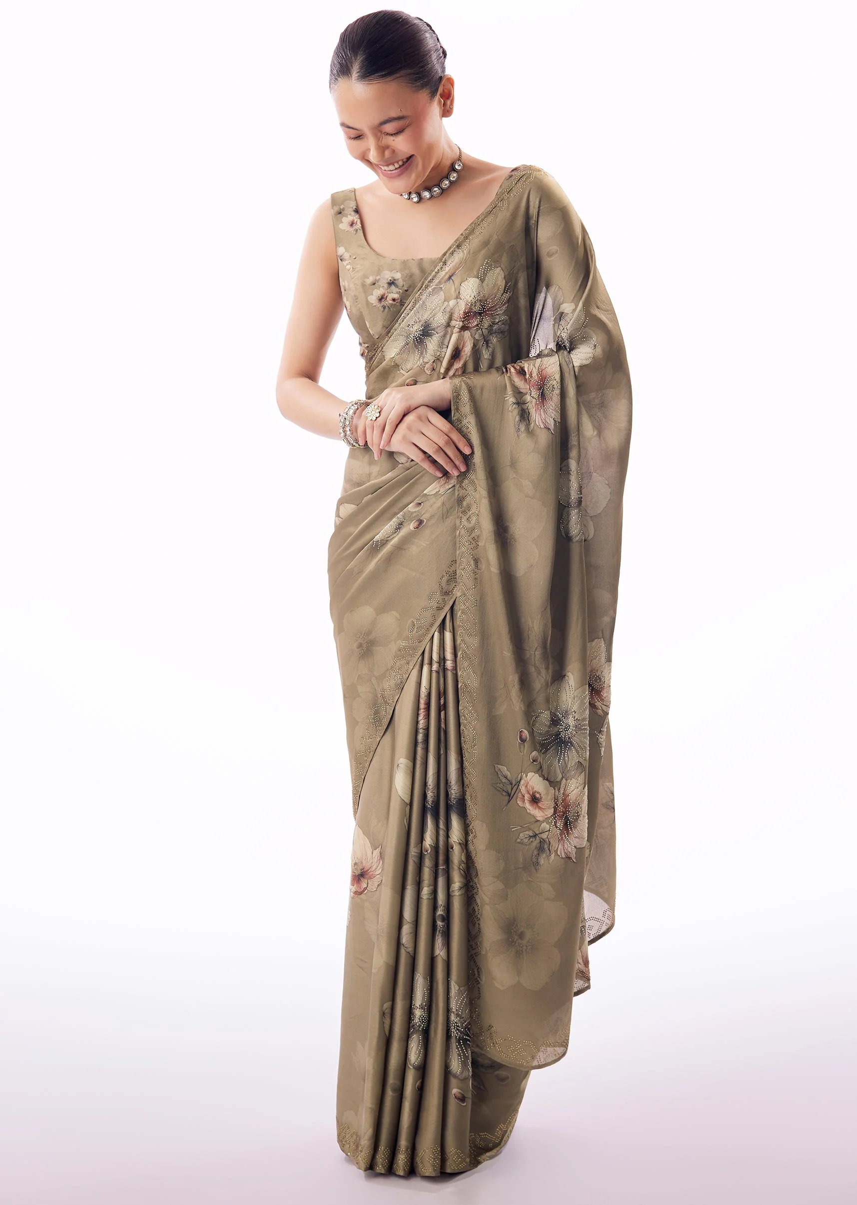Dusky Brown Satin Floral Printed Saree With Stone Embellished Border