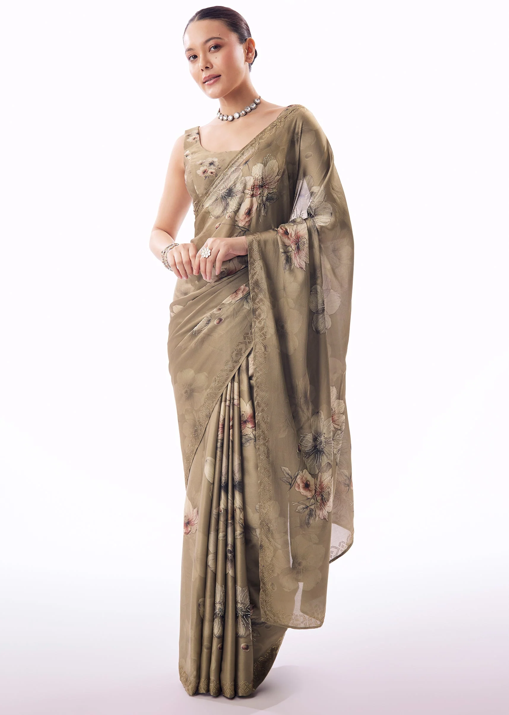 Dusky Brown Satin Floral Printed Saree With Stone Embellished Border - Image 3