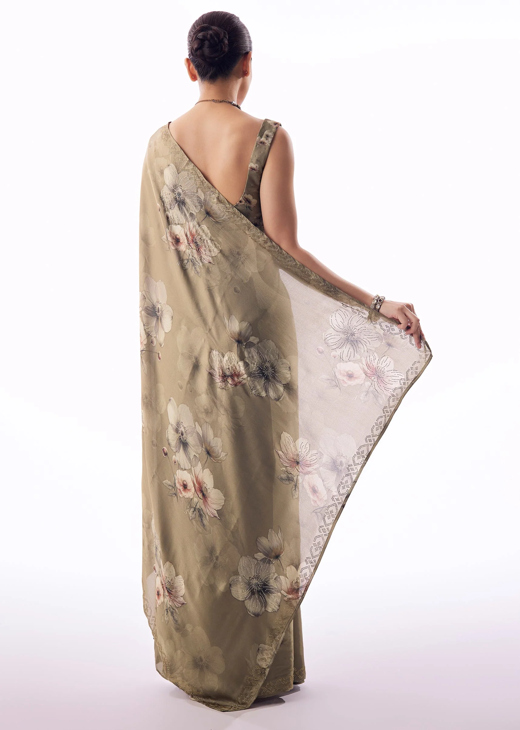 Dusky Brown Satin Floral Printed Saree With Stone Embellished Border - Image 4