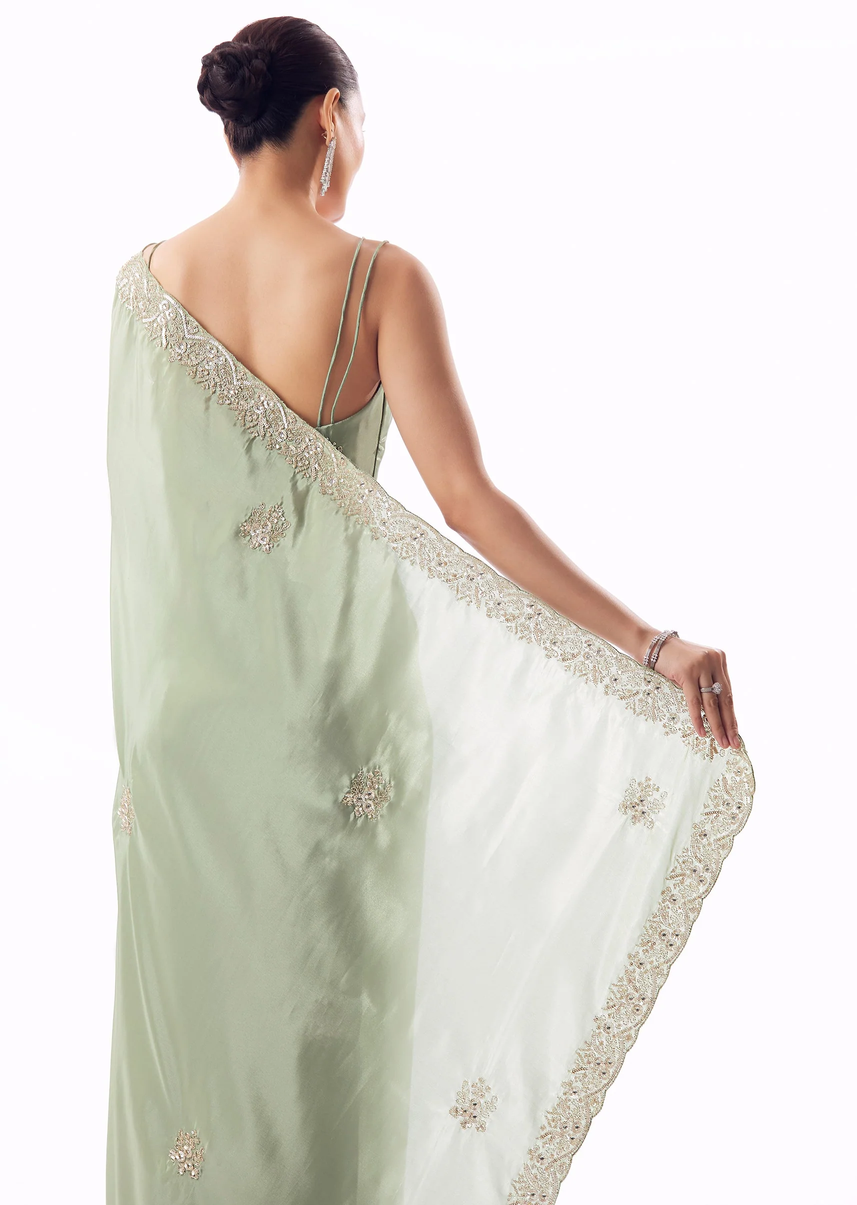 Dusky Green Silk Saree With Cutdana And Sequin Embroidered Border - Image 6