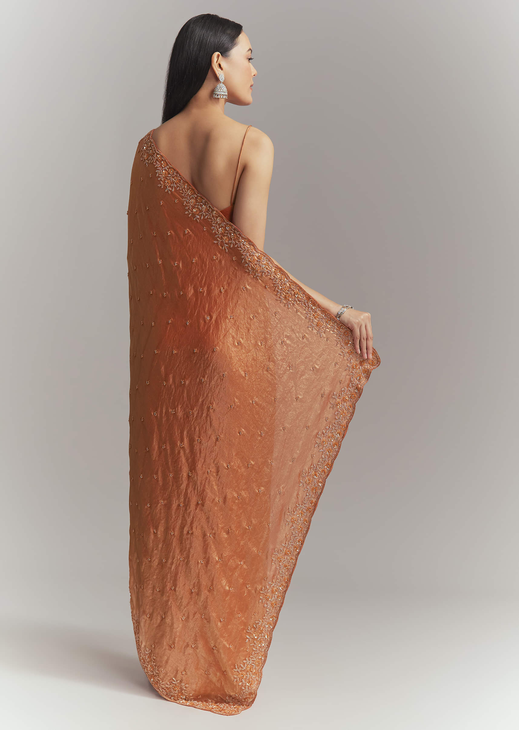 Dusky Orange Chinon Embroidered Saree With Embroidery - Image 5