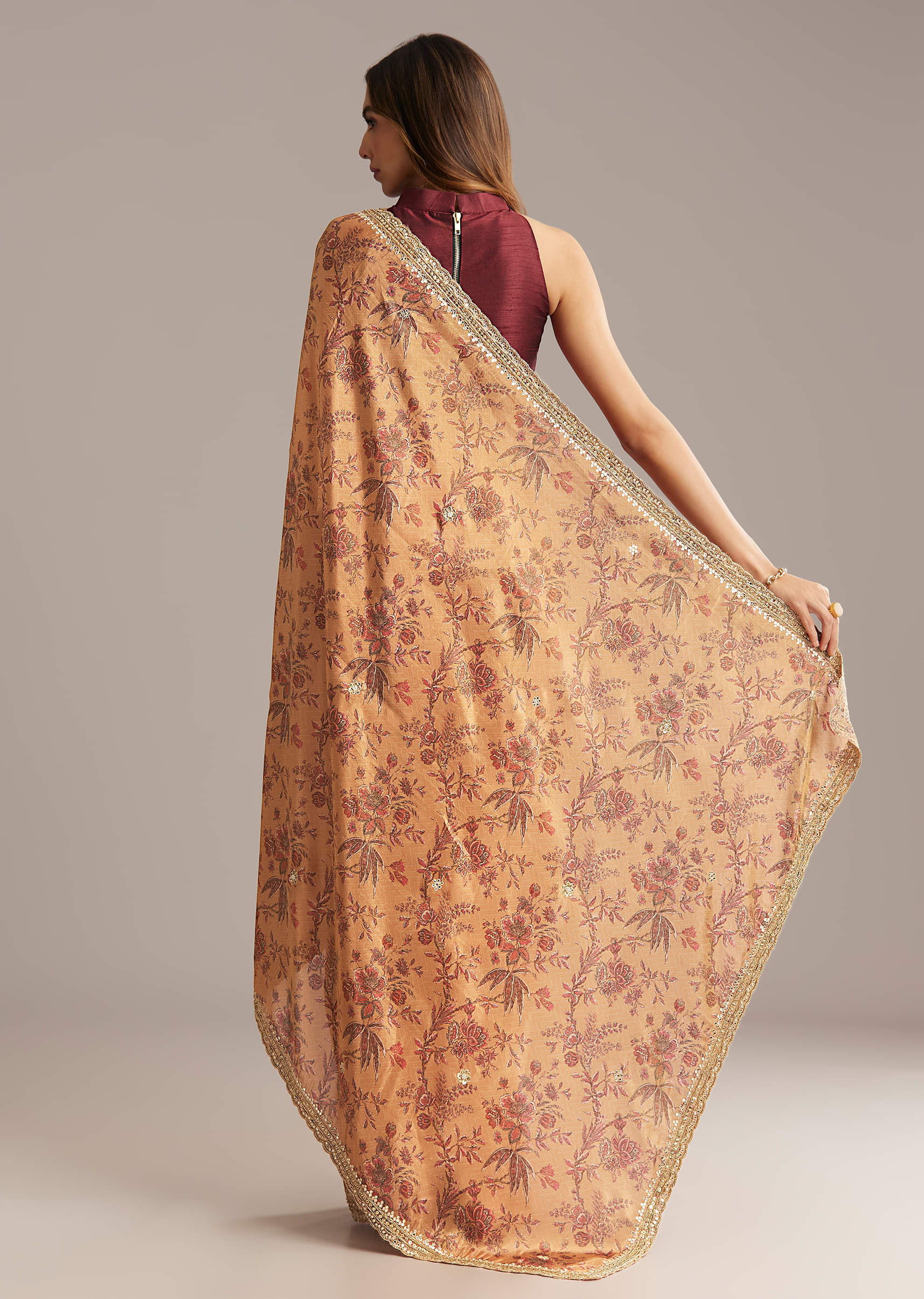 Dusky Orange Jacquard Saree With Mirror And Sequin Embroidery - Image 2