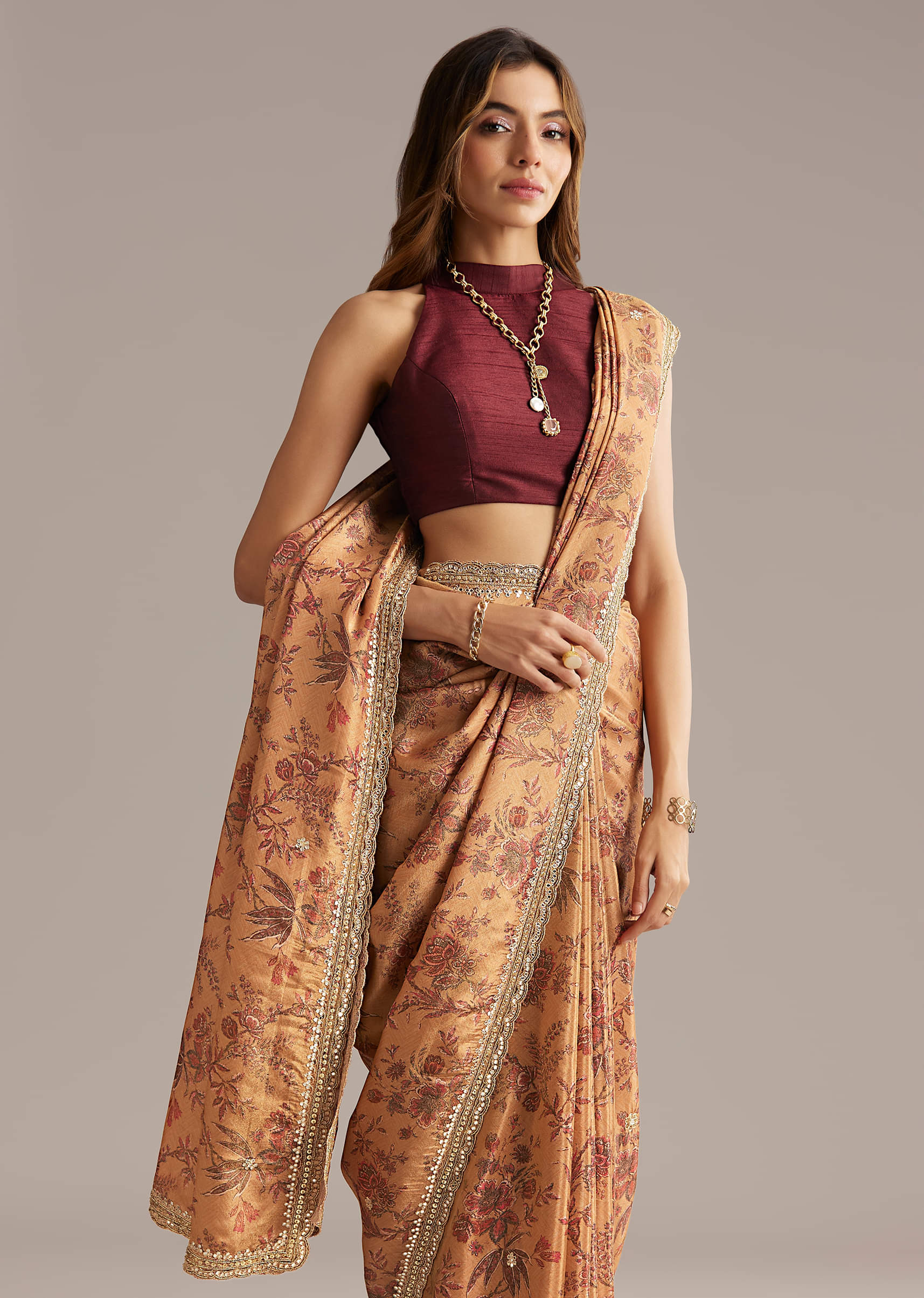Dusky Orange Jacquard Saree With Mirror And Sequin Embroidery - Image 4