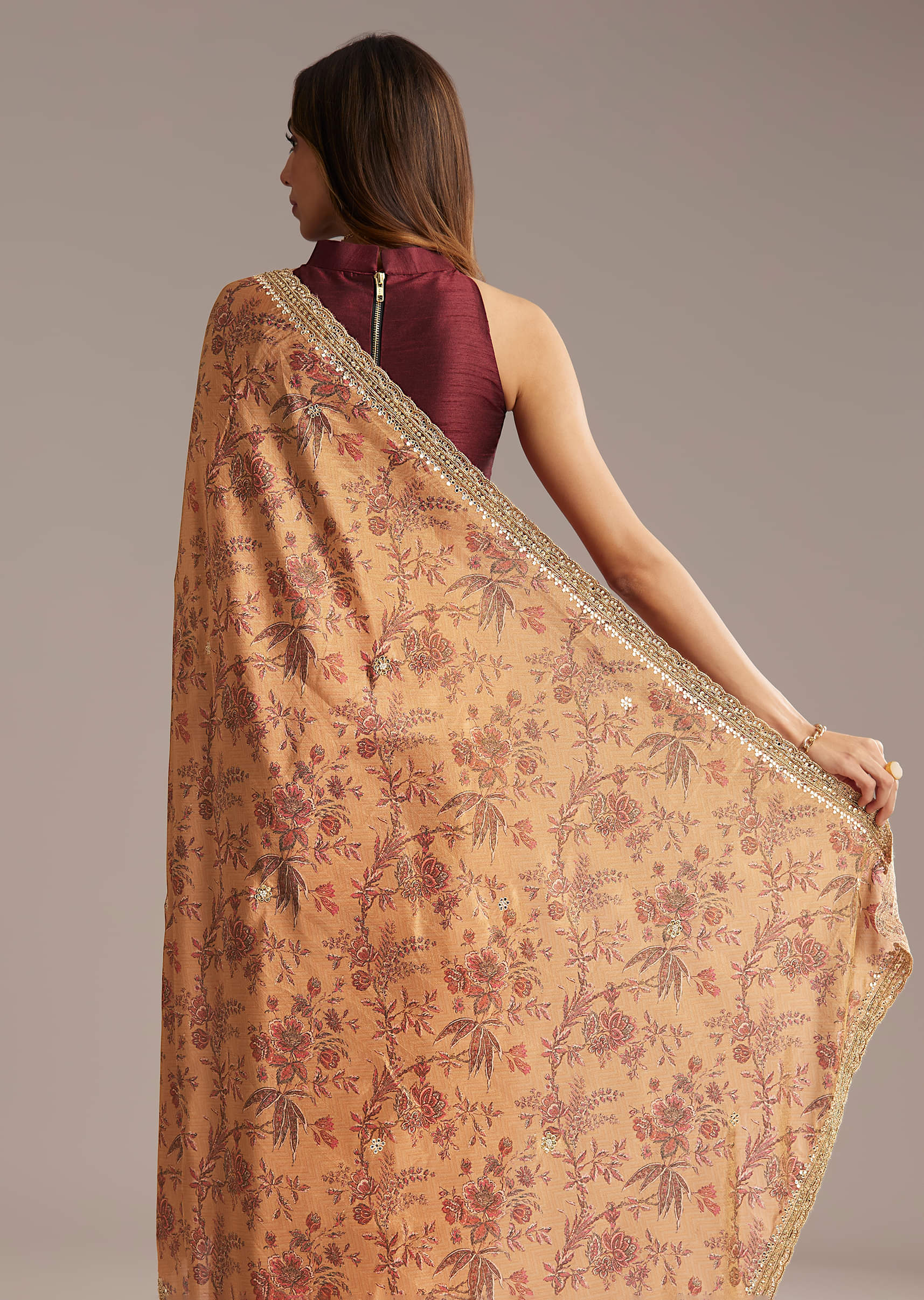 Dusky Orange Jacquard Saree With Mirror And Sequin Embroidery - Image 5