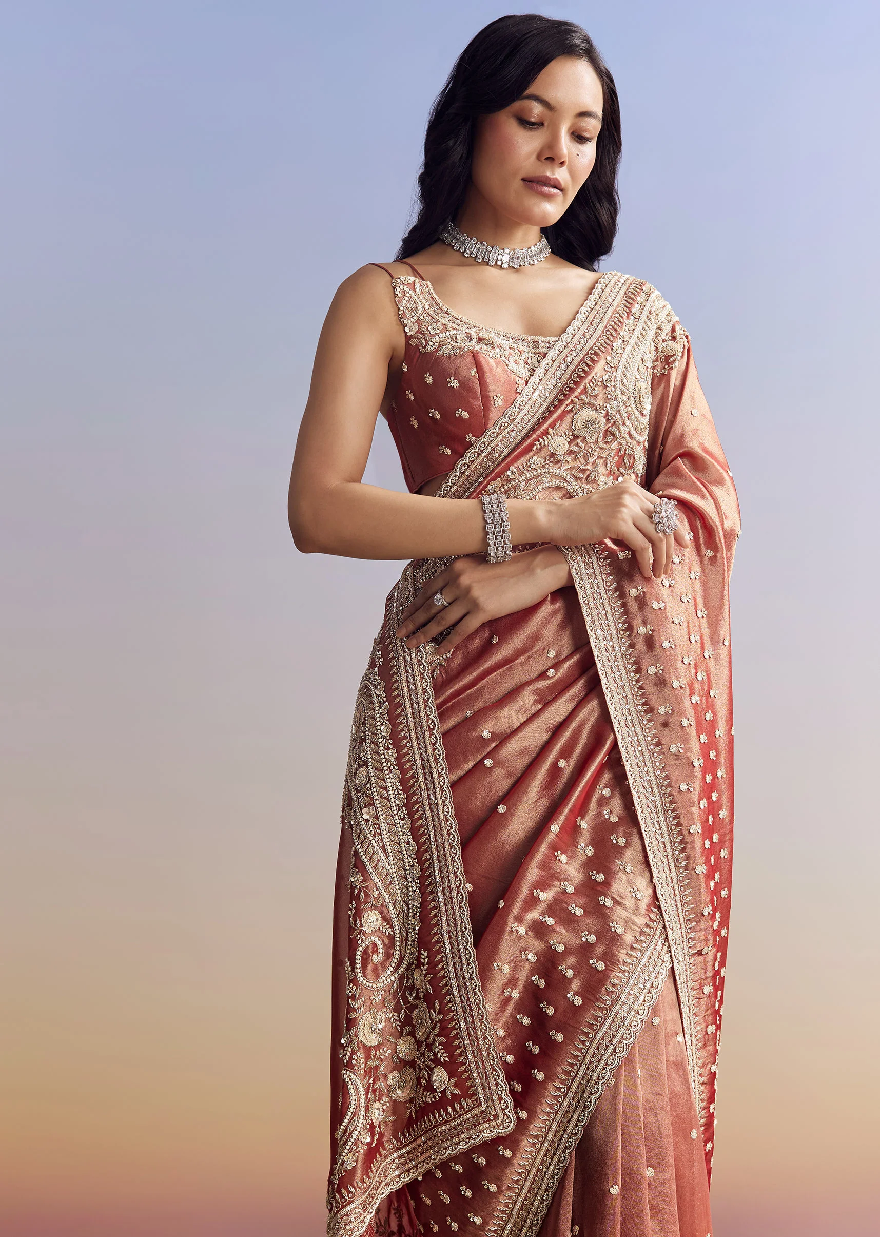 Dusky Orange Tissue Saree With Dense Embroidery - Image 4