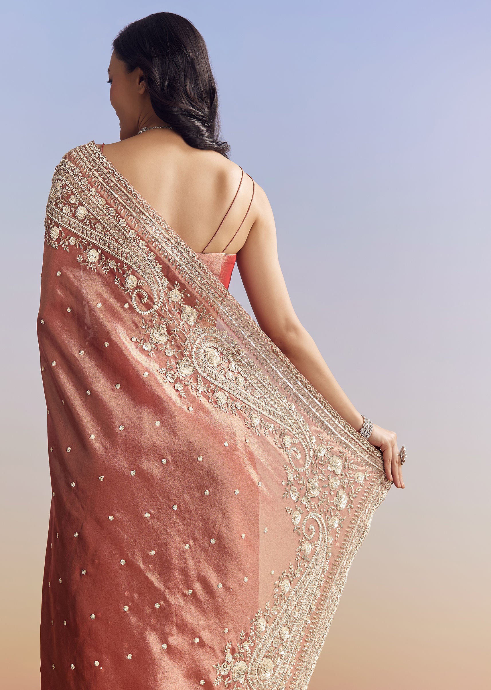 Dusky Orange Tissue Saree With Dense Embroidery - Image 5