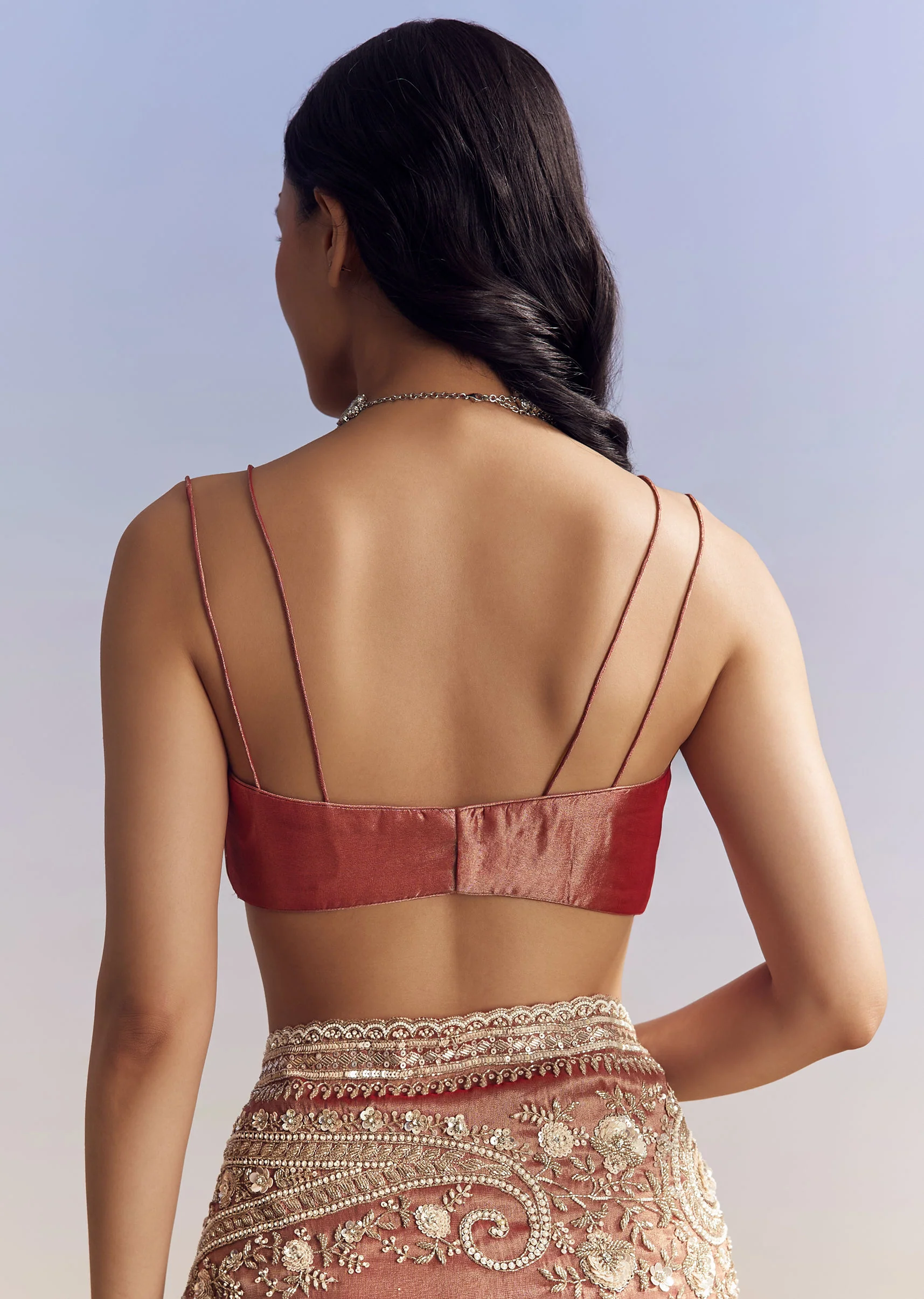 Dusky Orange Tissue Saree With Dense Embroidery - Image 9