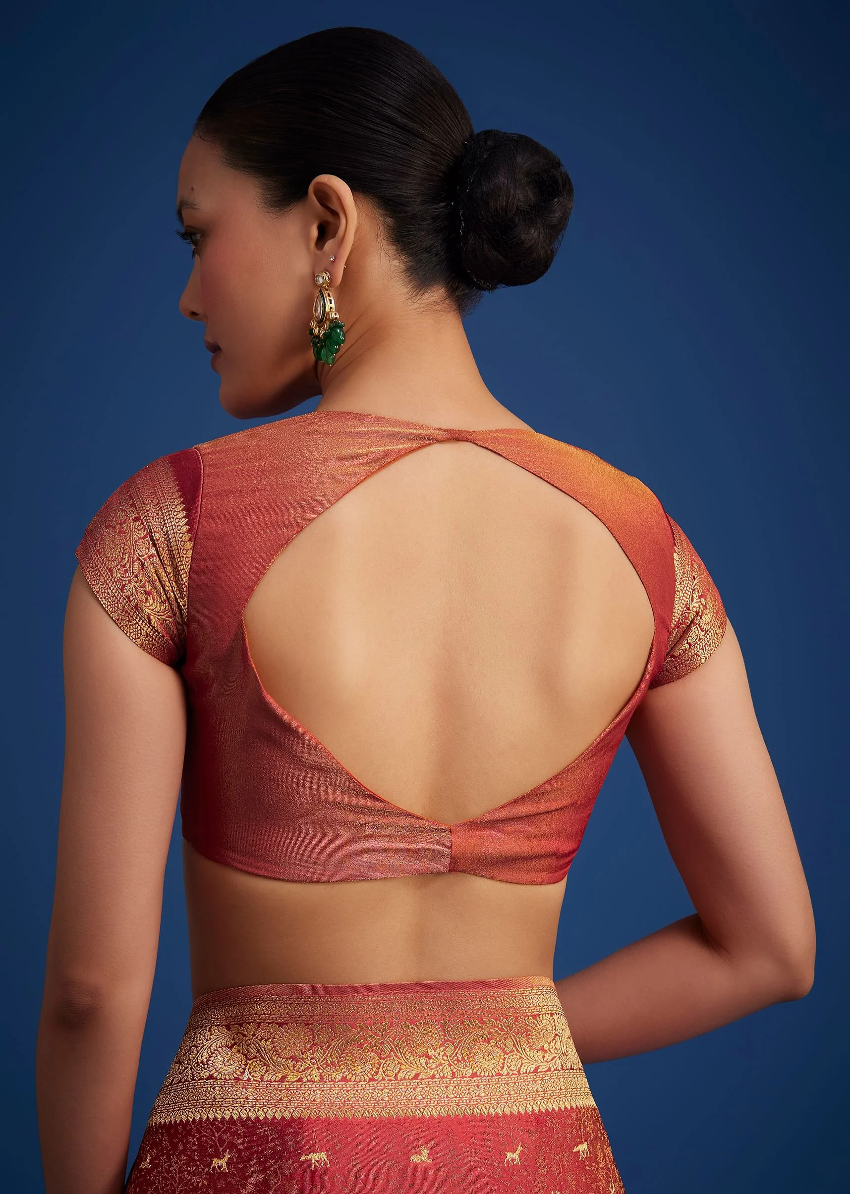 Dusky Orange Tissue Silk Saree With Zari Border And Butti Work - Image 8