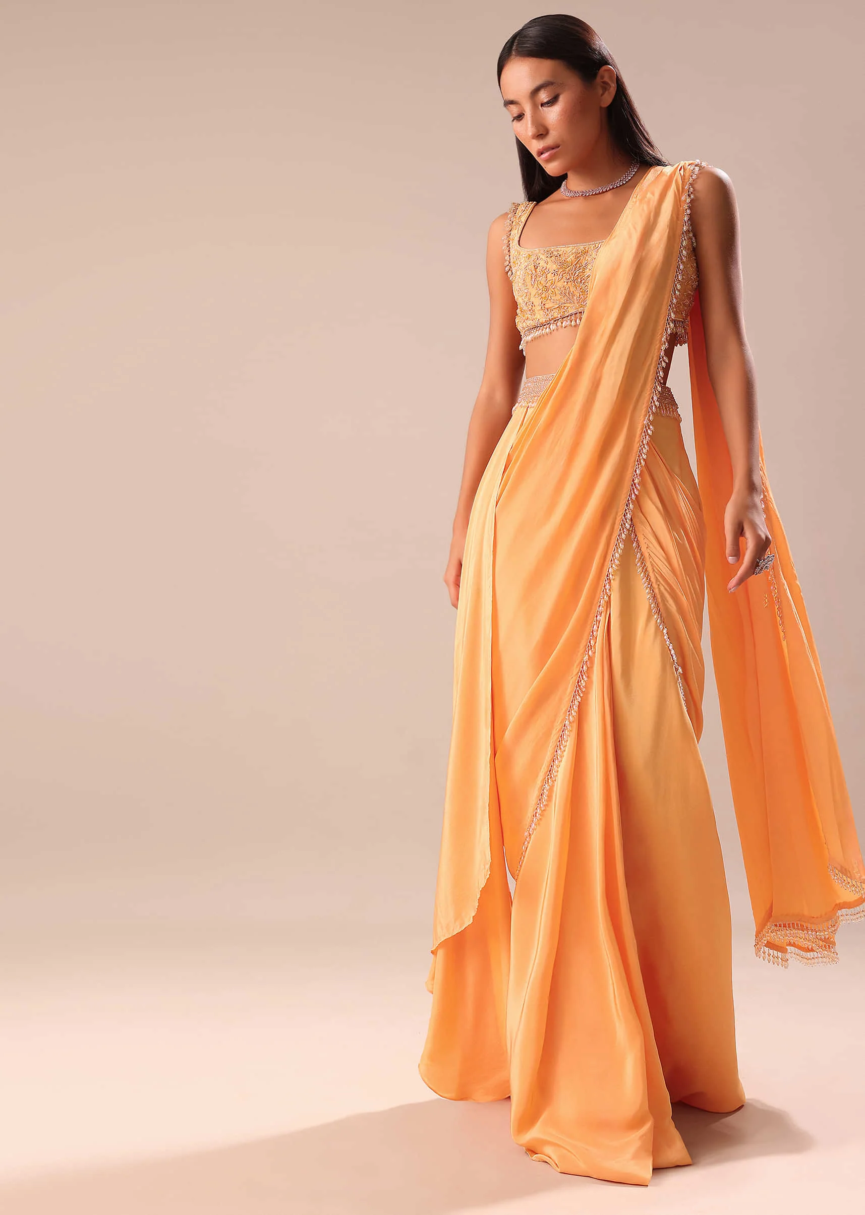 Dusky Peach Pre Stitched Saree With Embroidered Blouse - Image 3