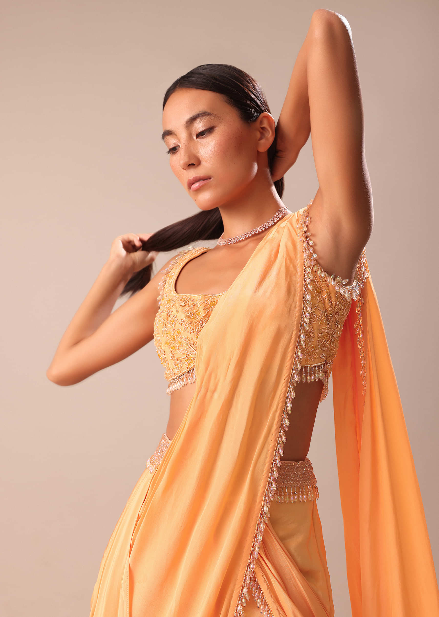 Dusky Peach Pre Stitched Saree With Embroidered Blouse - Image 4