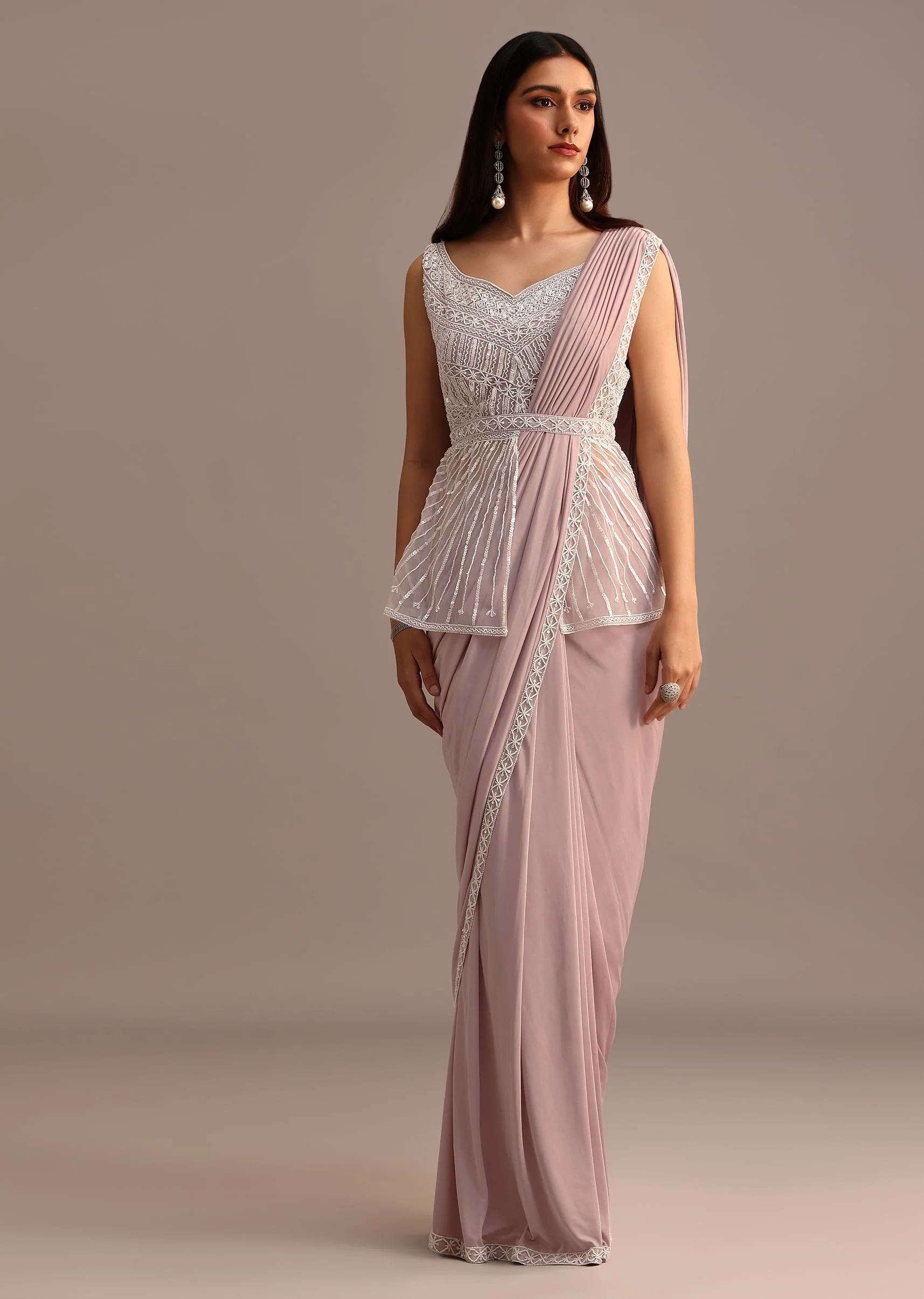 Dusky Pink Ready Pleated Saree With Embroidered Blouse