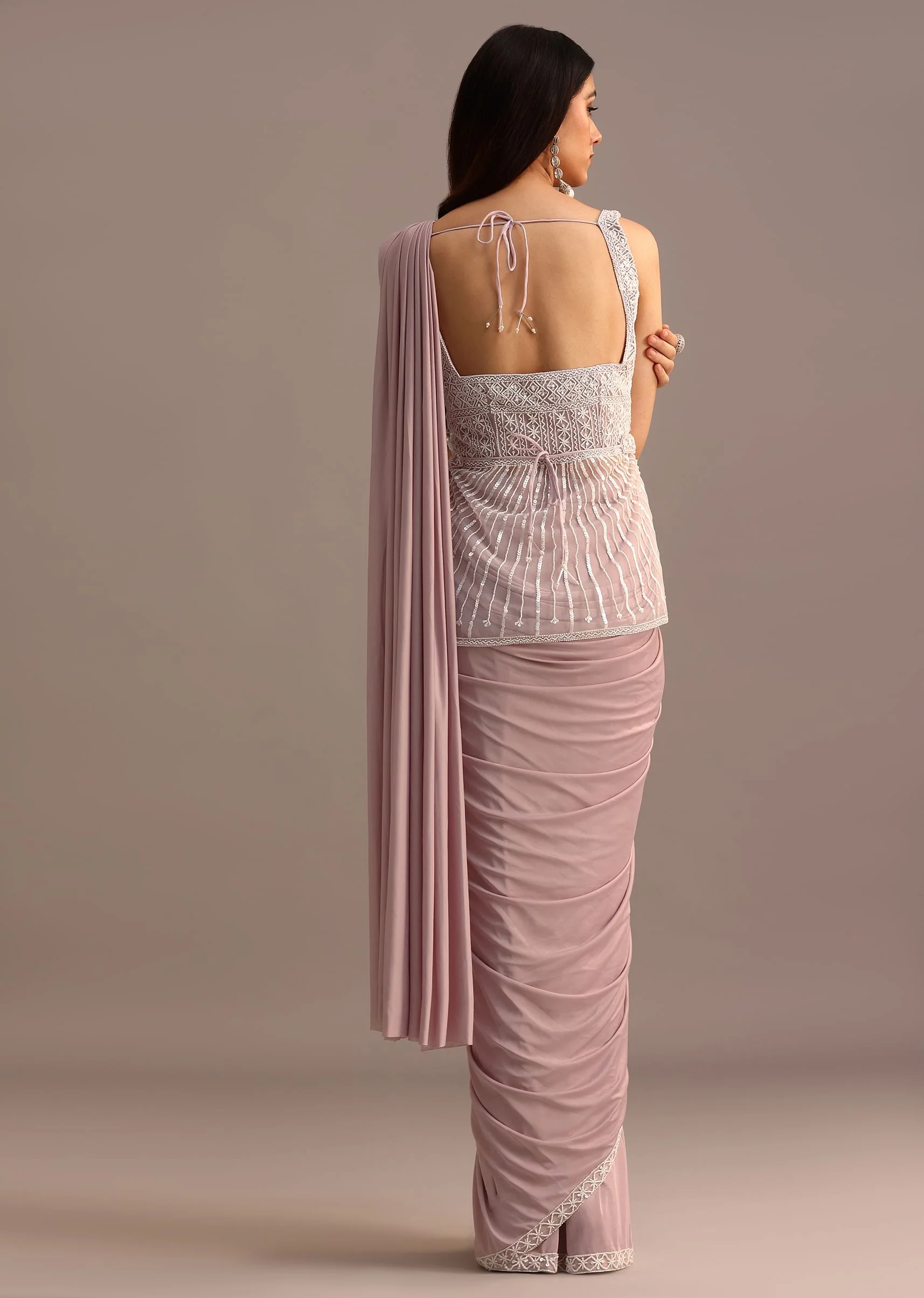 Dusky Pink Ready Pleated Saree With Embroidered Blouse - Image 6