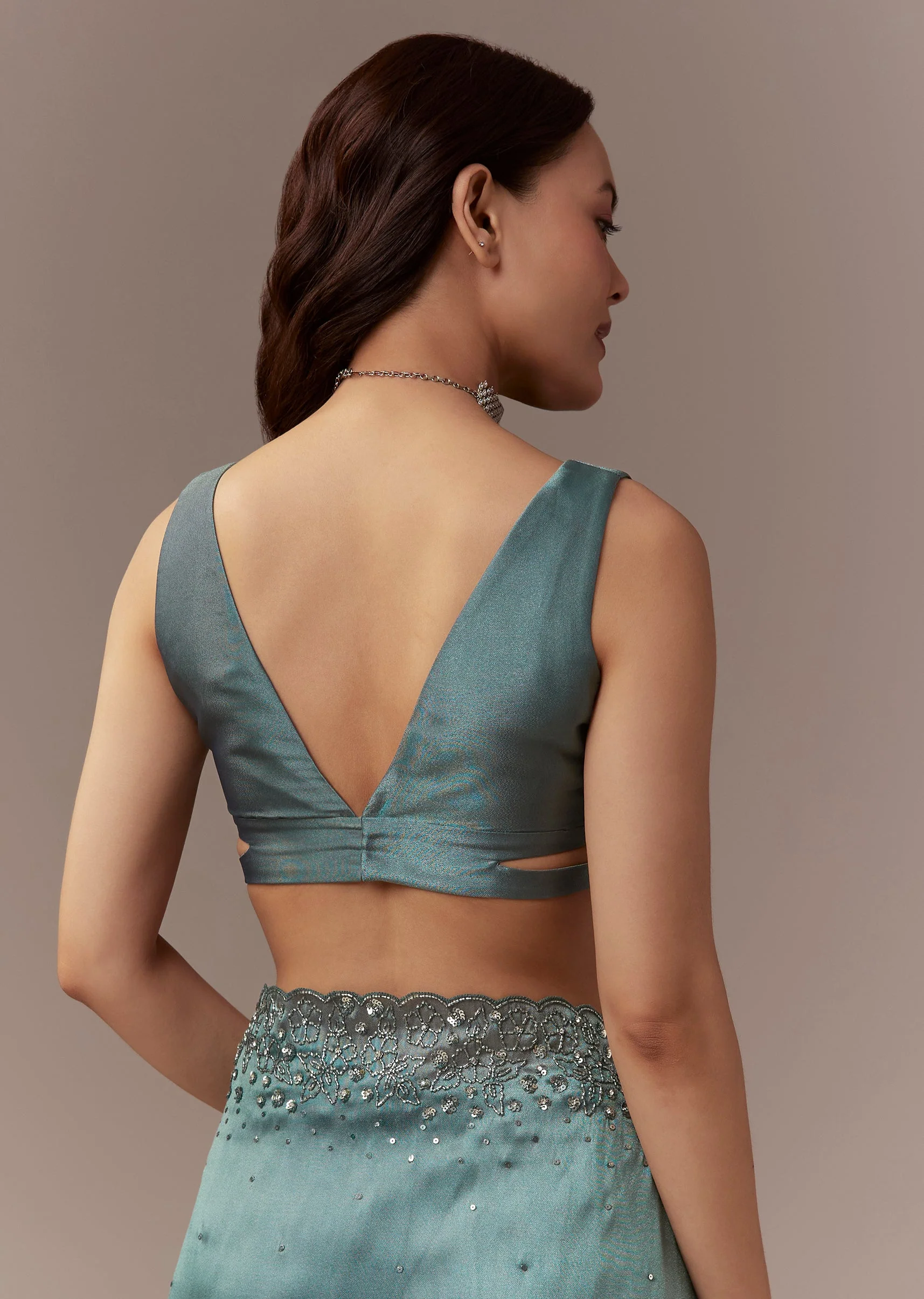 Dusky Teal Tissue Saree With Cutdana And Sequin Embroidery - Image 8