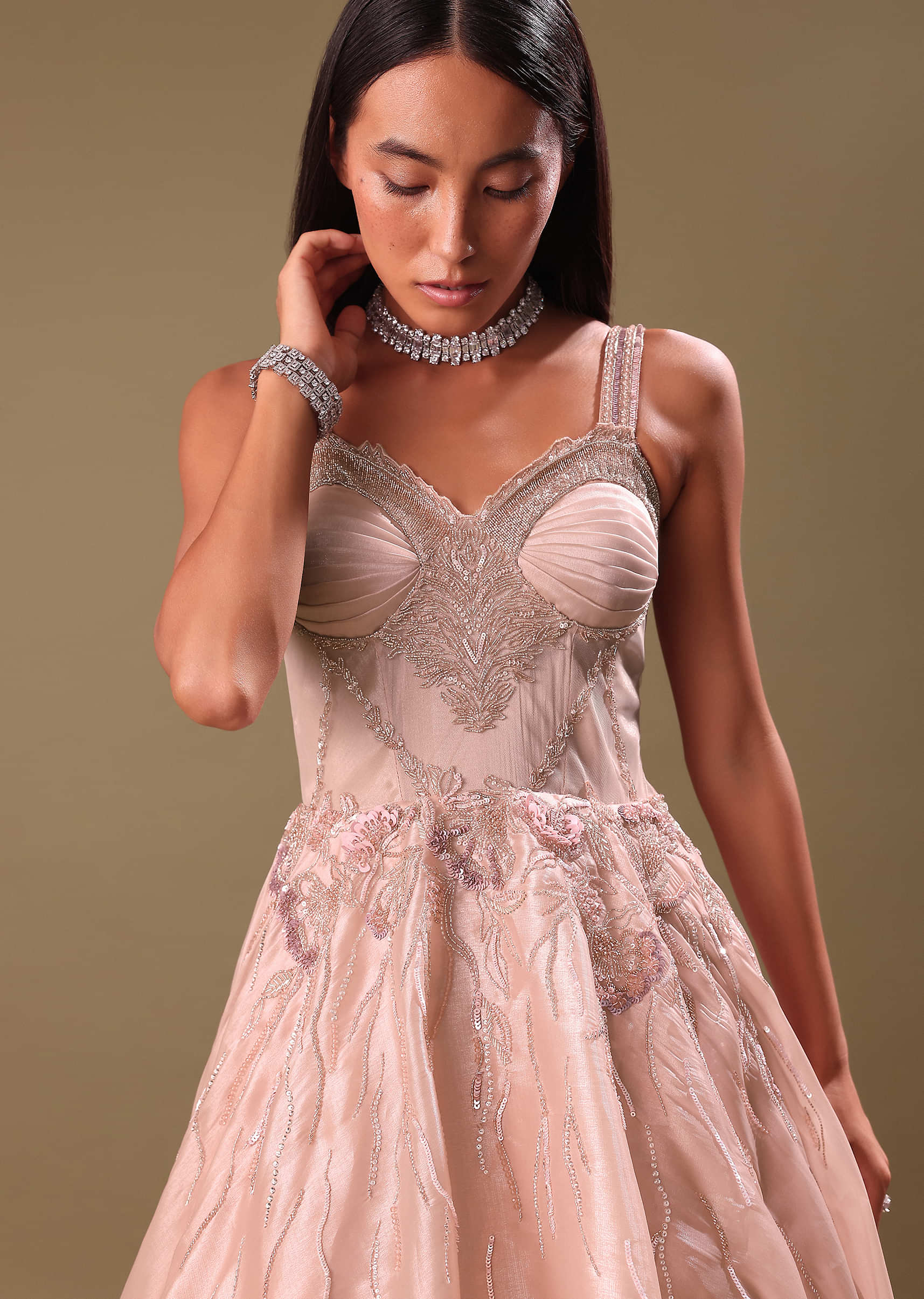 Dust Pink Hand Embroidered Organza Gown - Image 3