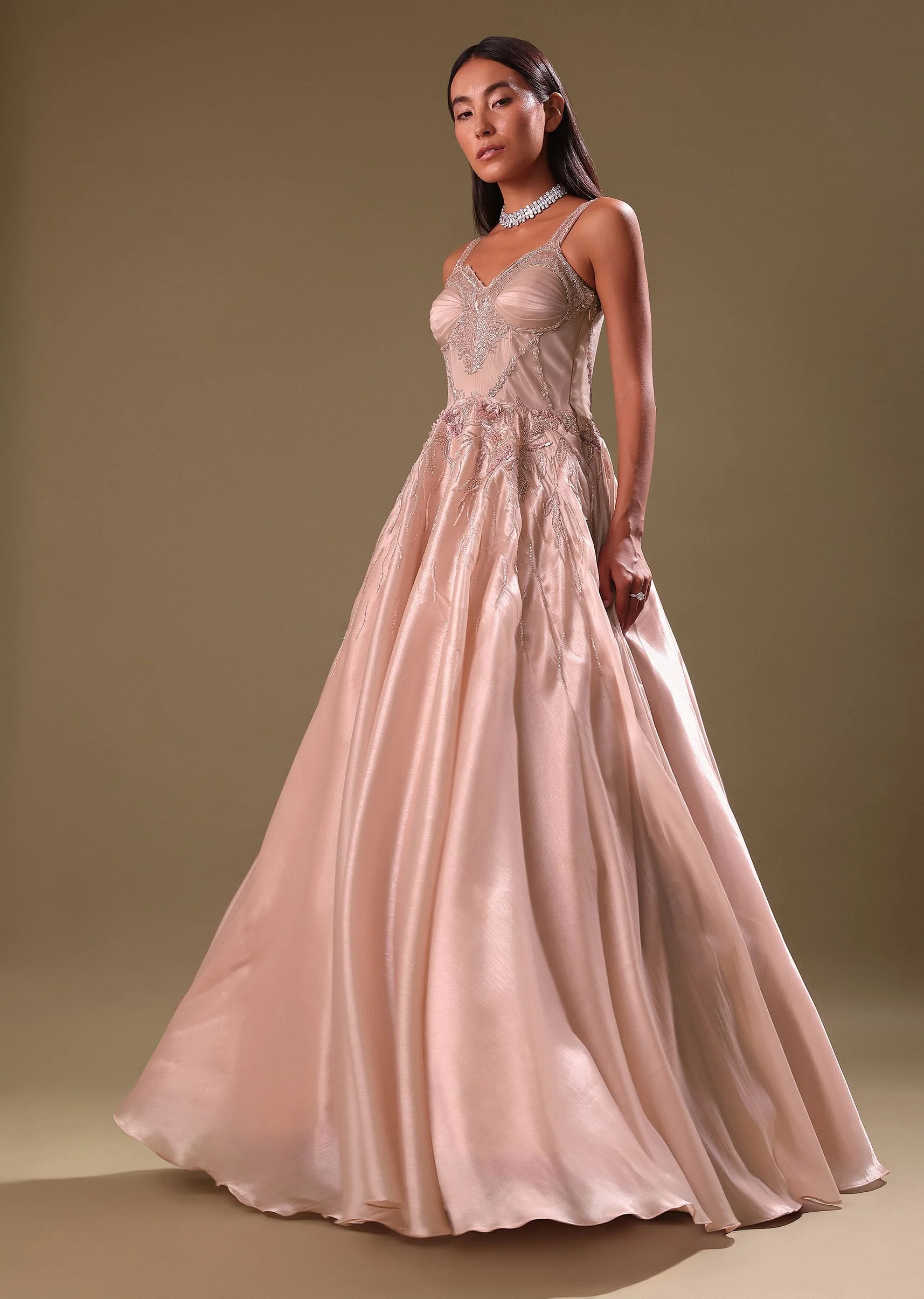 Dust Pink Hand Embroidered Organza Gown - Image 4