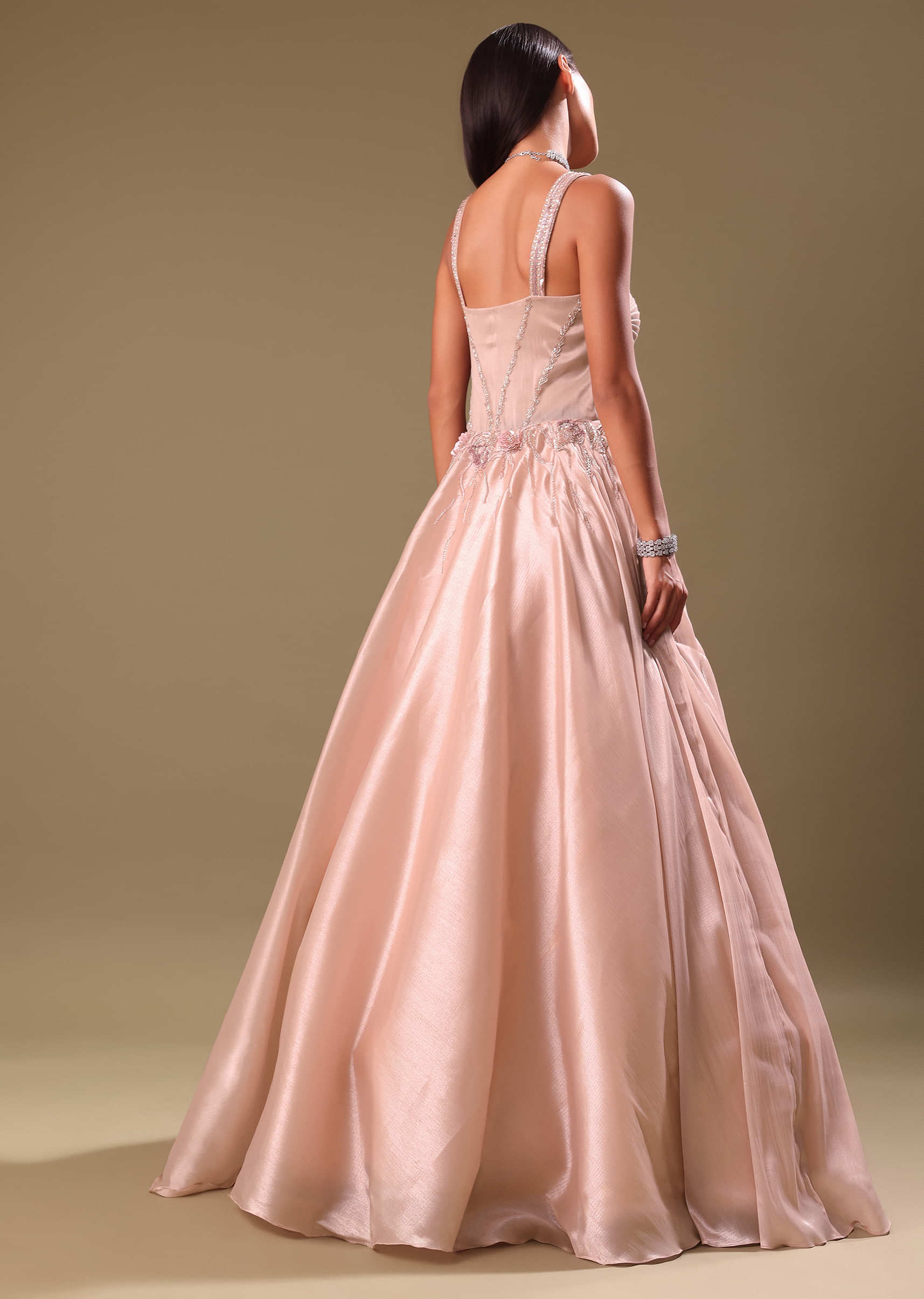 Dust Pink Hand Embroidered Organza Gown - Image 5