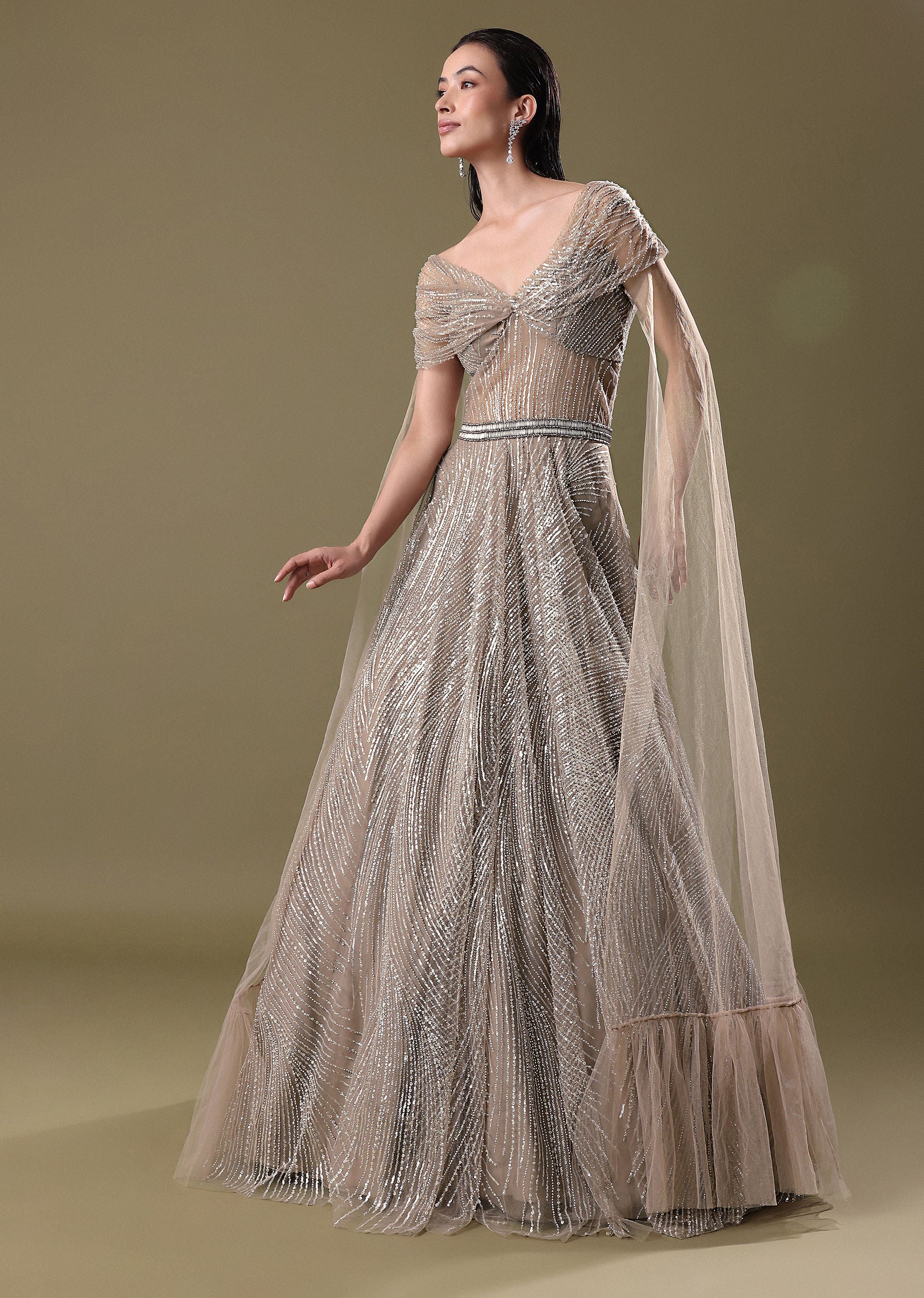 Dusty Beige Embroidered Gown With Cowl Sleeves - Image 3
