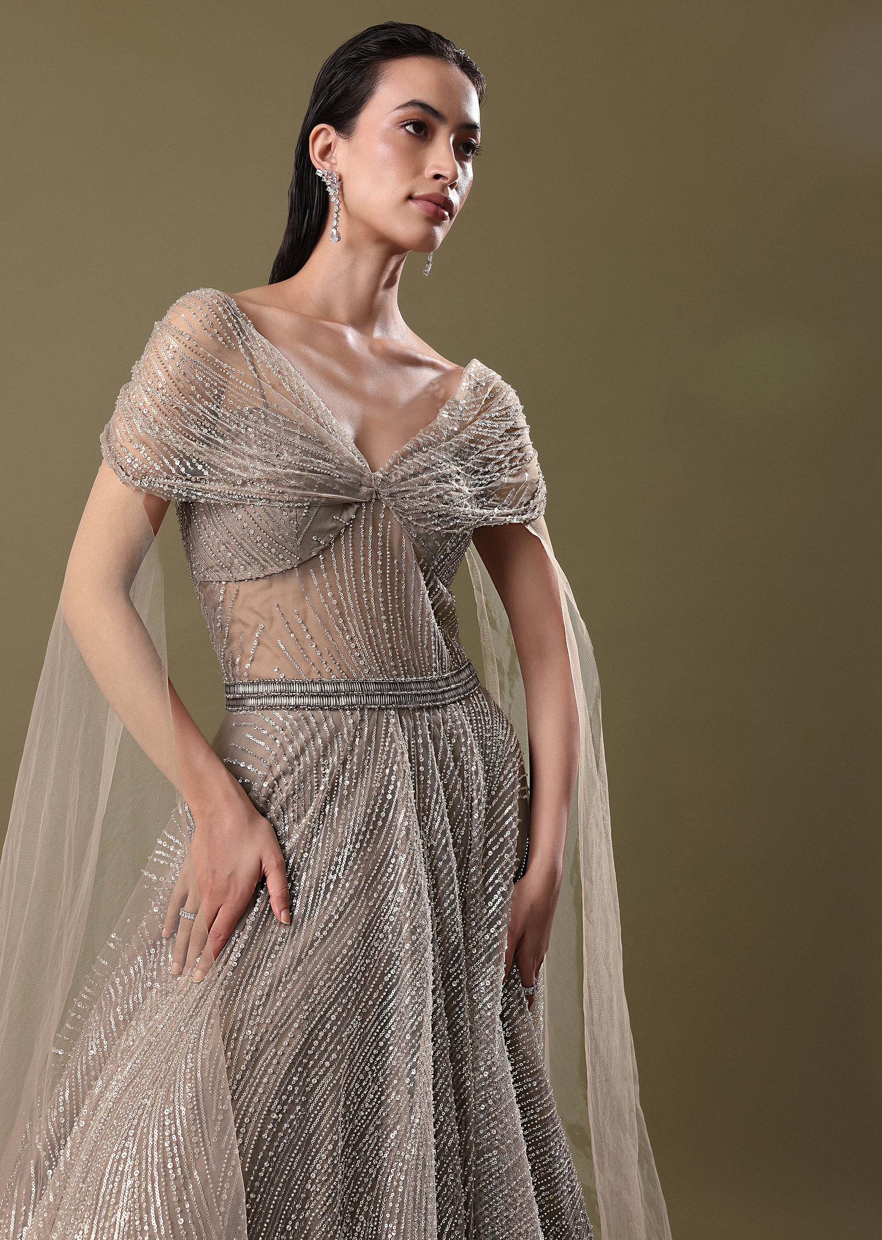 Dusty Beige Embroidered Gown With Cowl Sleeves - Image 5