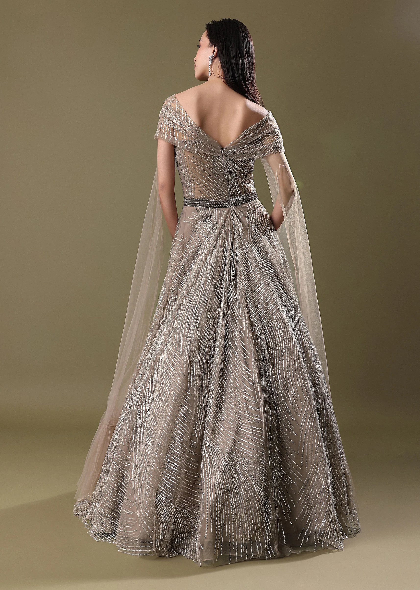 Dusty Beige Embroidered Gown With Cowl Sleeves - Image 6