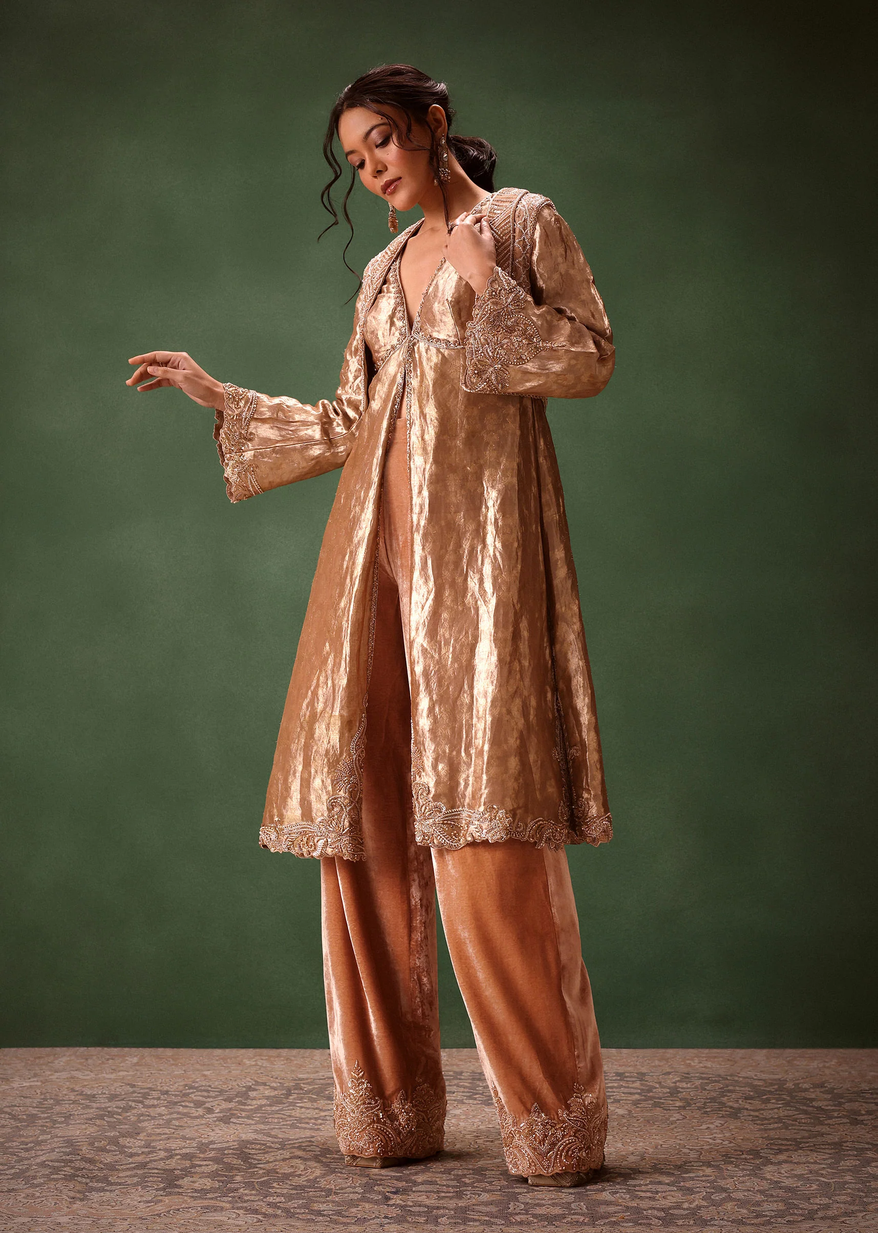 Dusty Brown Brocade Anarkali Style Kurti With Crop Jacket And Straight Flared Pant - Image 5