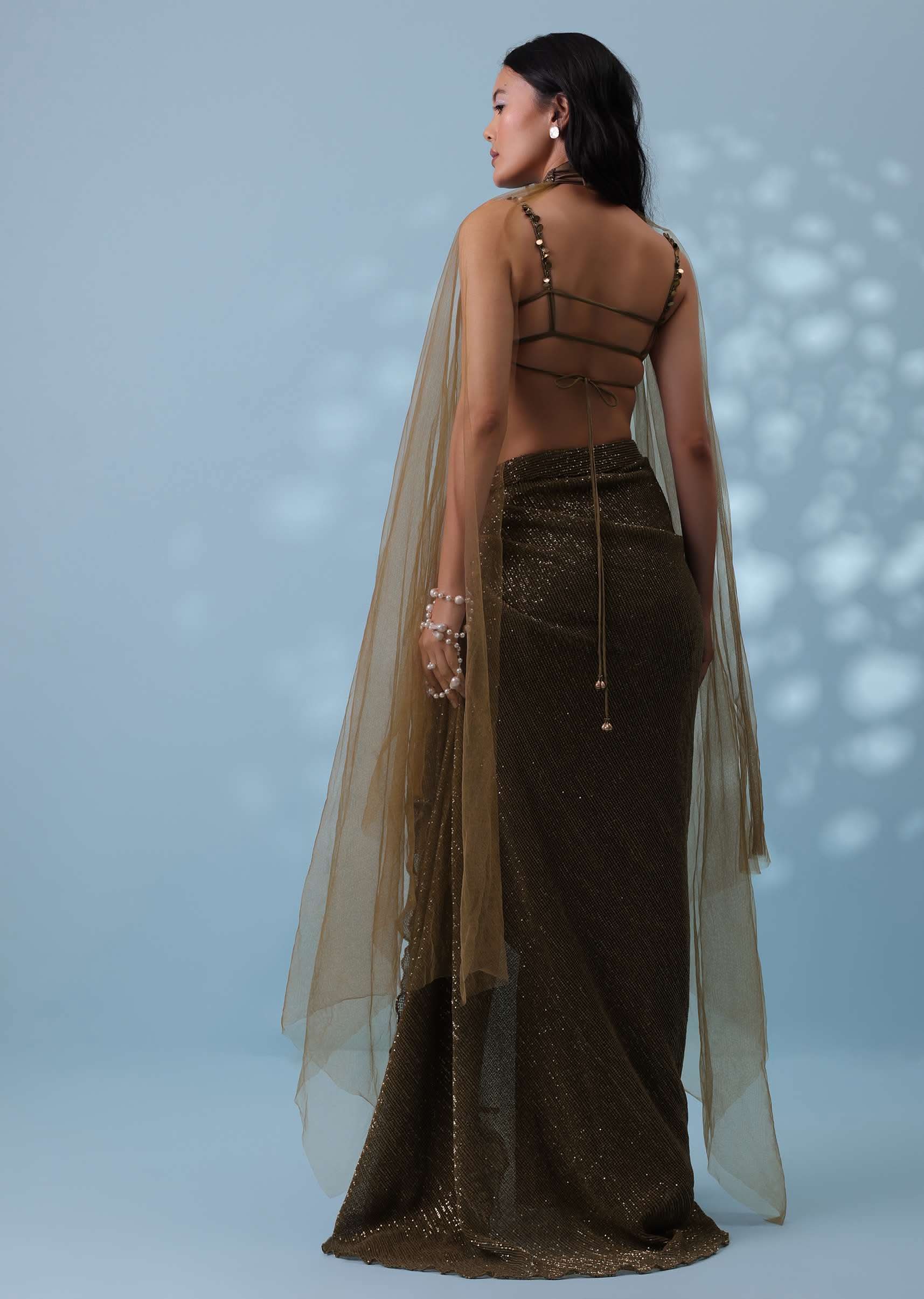 Dusty Brown Embroidered Indowestern Drape Skirt And Blouse In Lycra Sequins With Matching Choker - Image 5