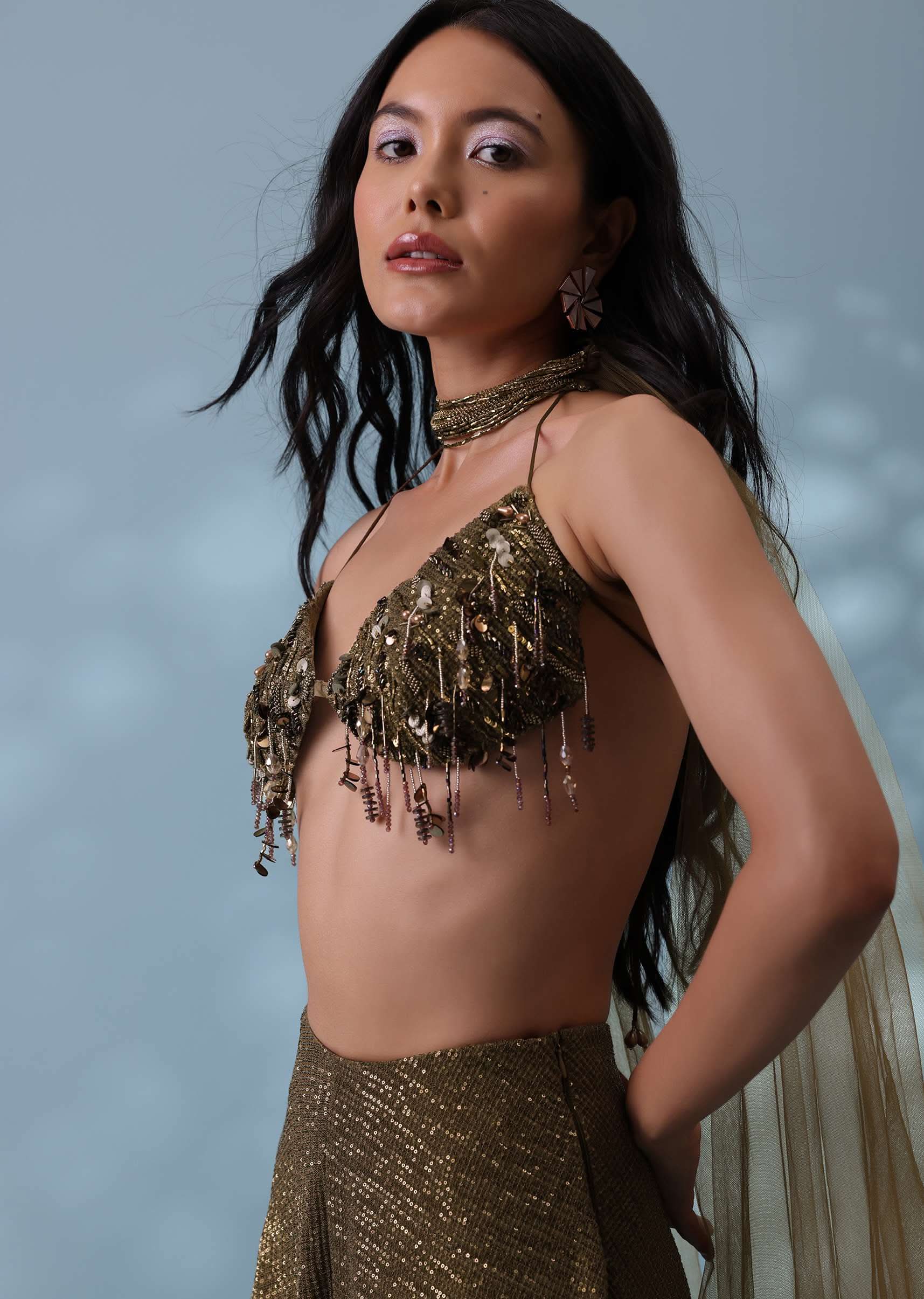 Dusty Brown Fancy Indowestern Palazzo And Bustier In Lycra Sequins With Choker - Image 2