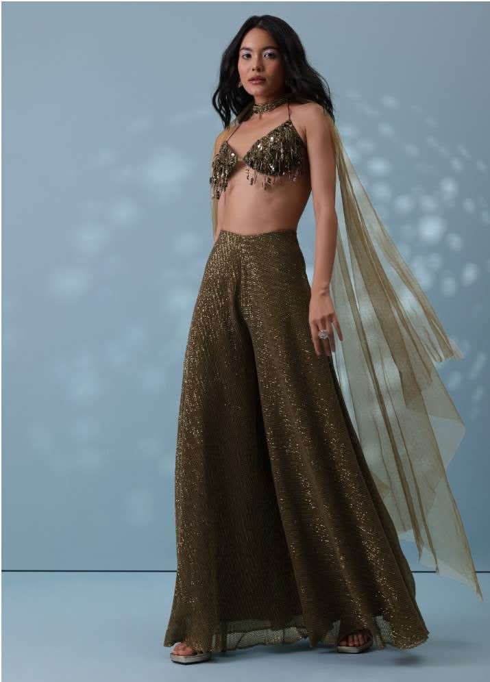 Dusty Brown Fancy Indowestern Palazzo And Bustier In Lycra Sequins With Choker - Image 3