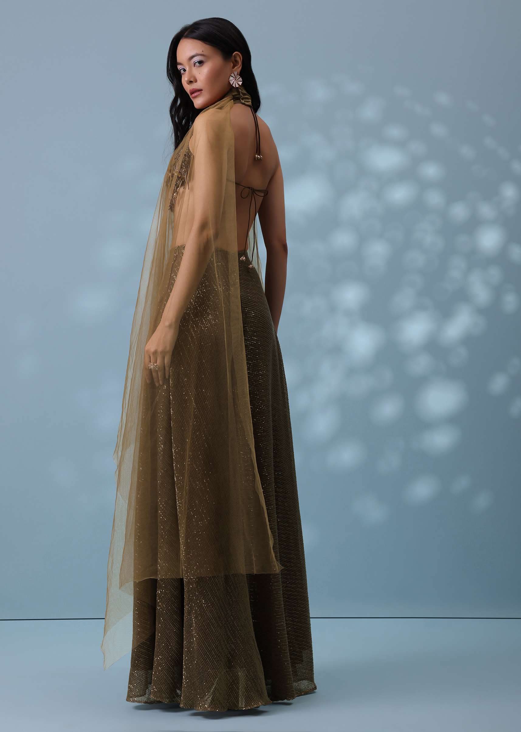 Dusty Brown Fancy Indowestern Palazzo And Bustier In Lycra Sequins With Choker - Image 5
