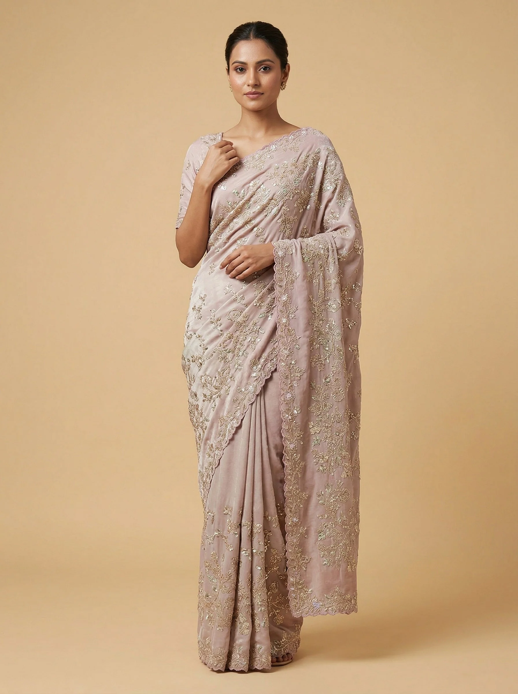 Dusty Grey Pink Embroidered Saree