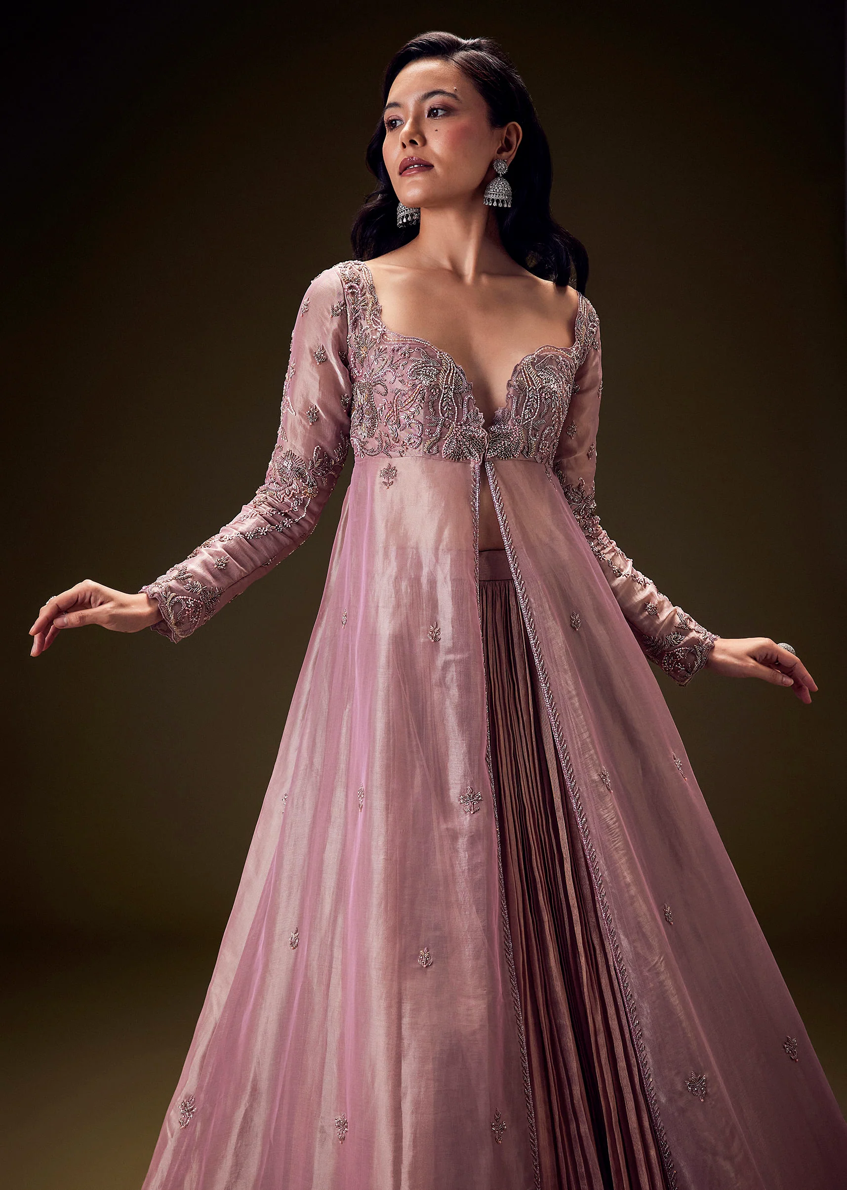 Dusty Lilac Embroidered Long Jacket With Ruched Lehenga - Image 3