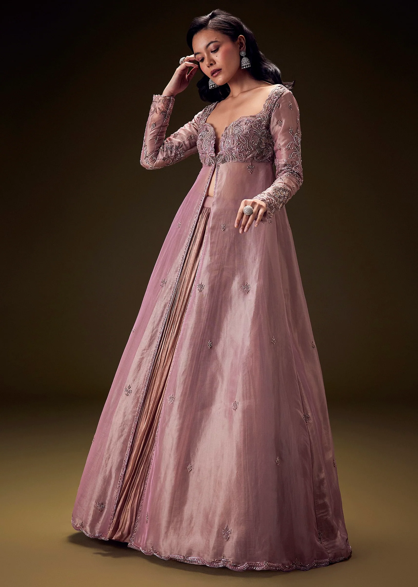 Dusty Lilac Embroidered Long Jacket With Ruched Lehenga - Image 4