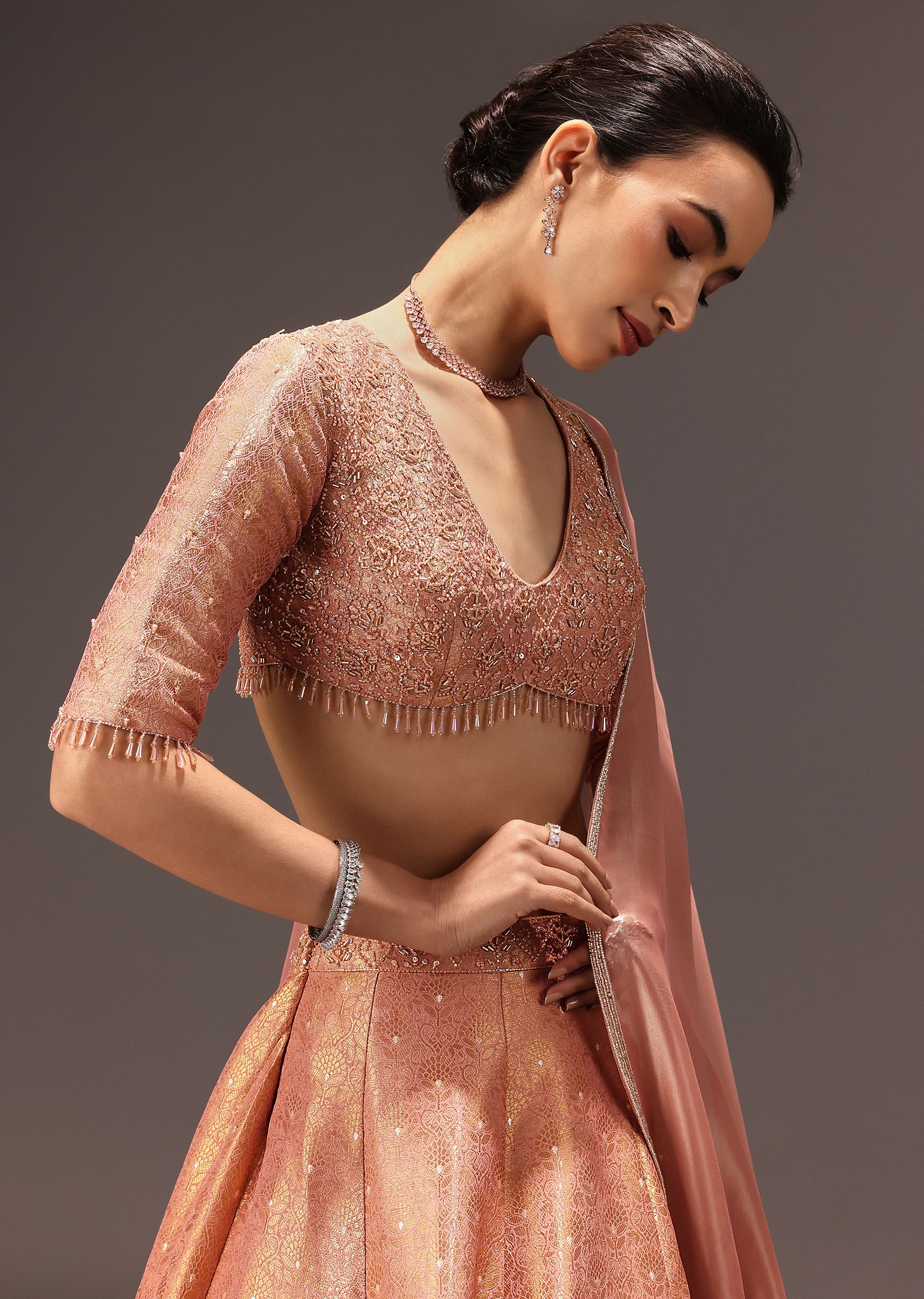 Dusty Peach Banarasi Silk Hand Work Lehenga Set - Image 5