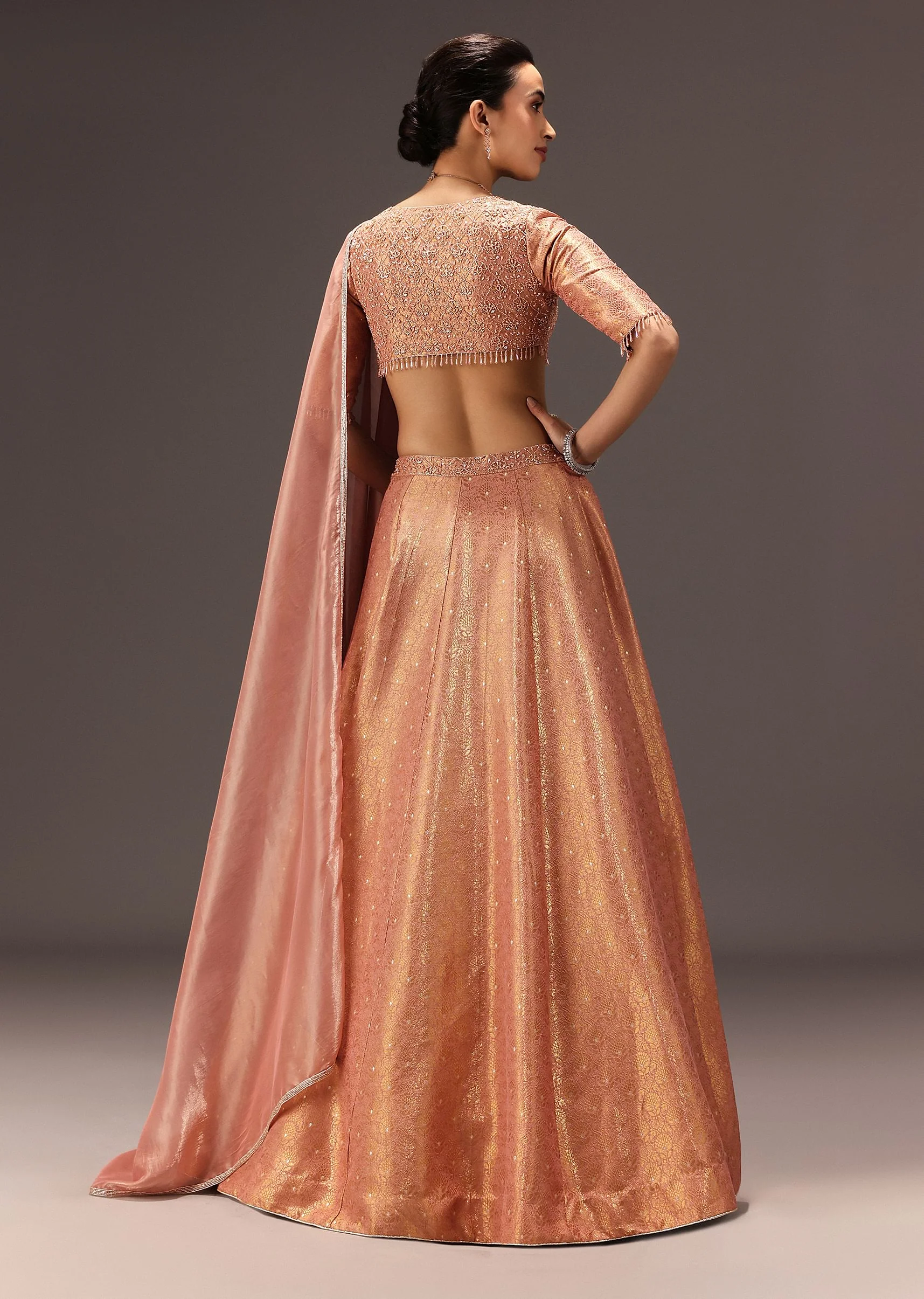 Dusty Peach Banarasi Silk Hand Work Lehenga Set - Image 6