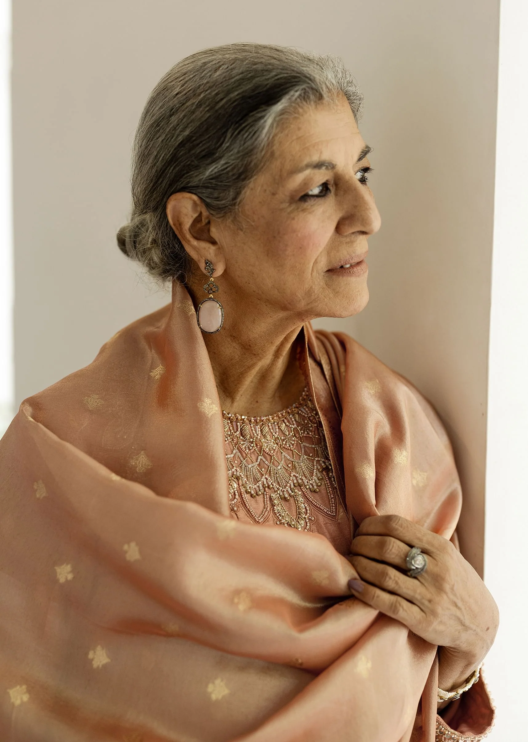 Dusty peach embroidered anarkali paired with pant and dupatta. - Image 3