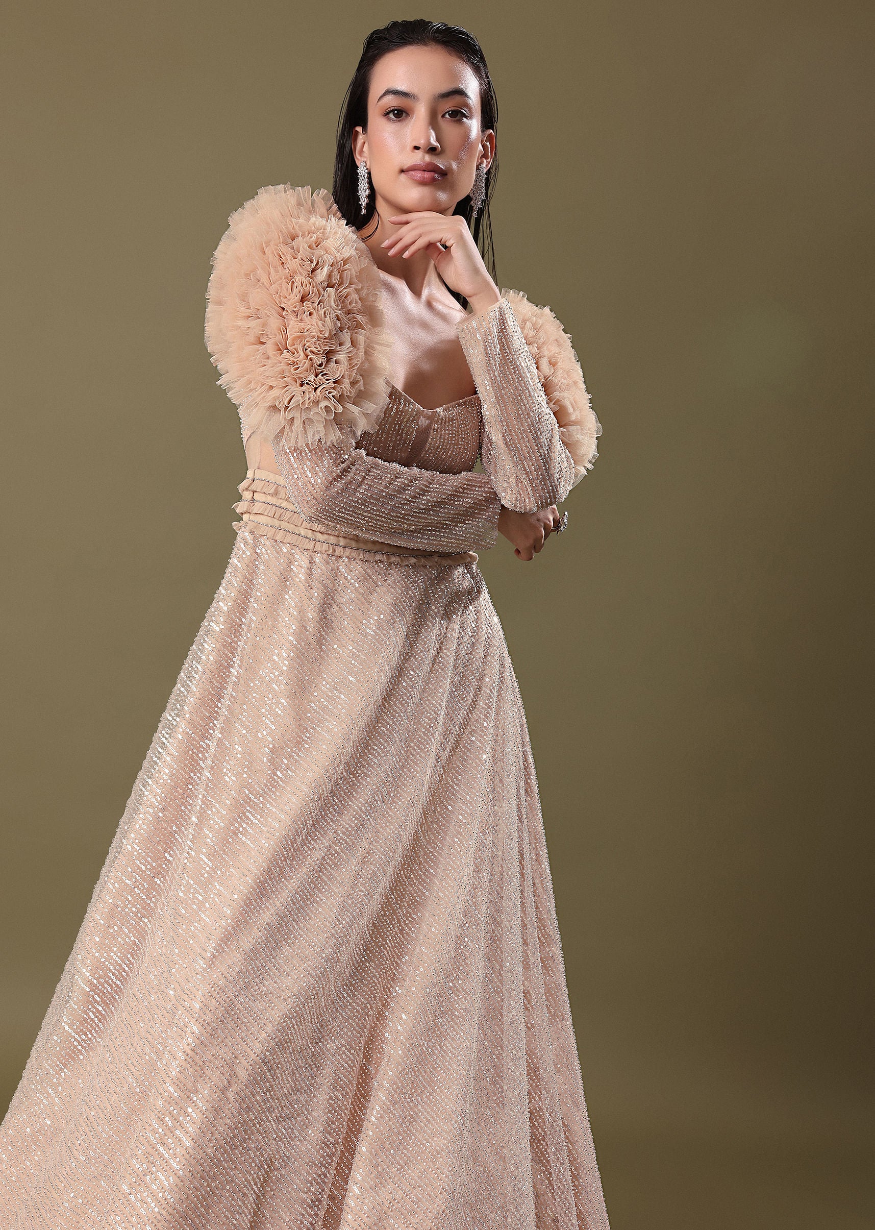 Dusty Peach Embroidered Ruffle Sleeve Gown Kalki - Image 3