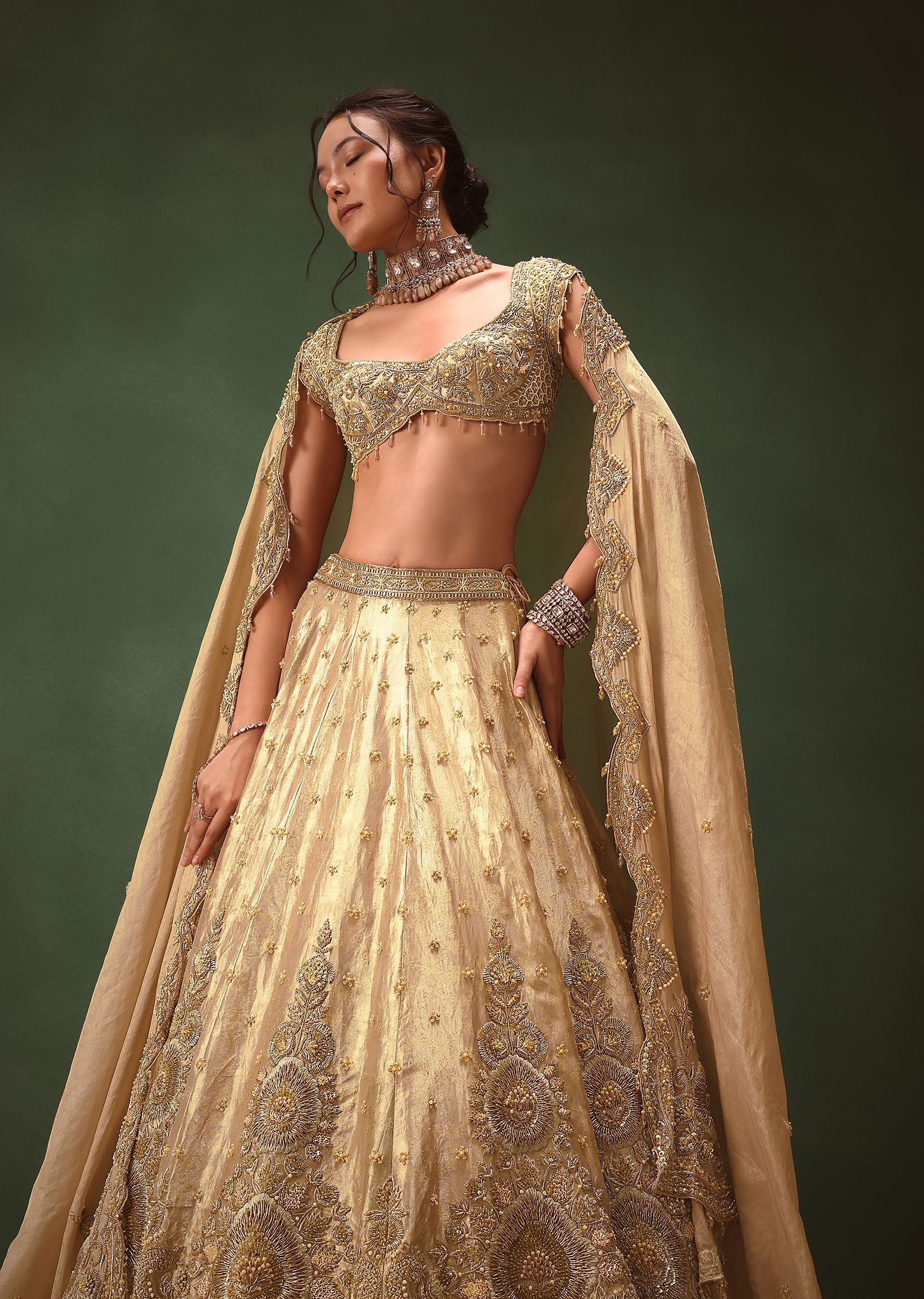 Dusty Pink Brocade Hand Embroidered Bridal Lehenga With Two Dupattas - Image 2